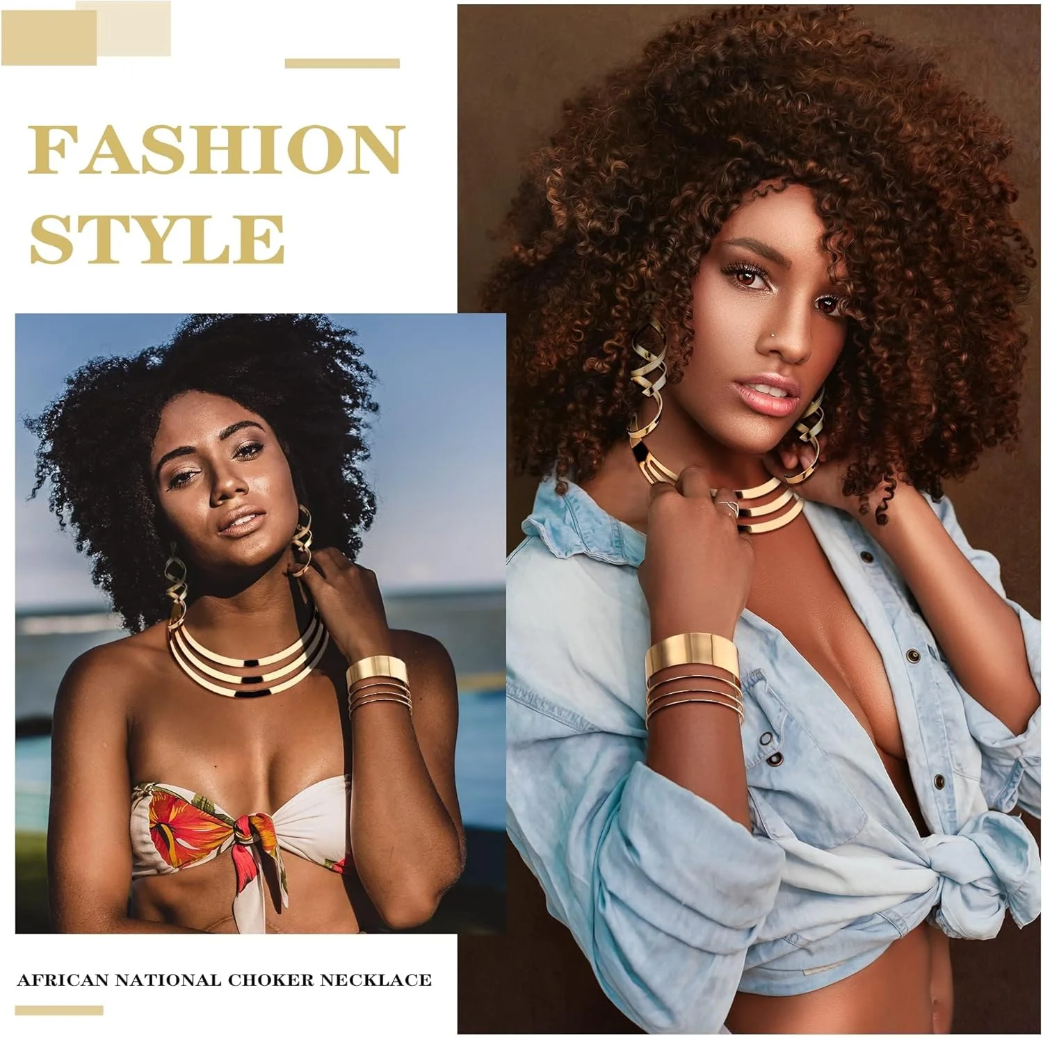 ست گردنبند چوکر، دستبند النگویی پهن و گوشواره آویز بلند زنانه بستیل، ست جواهرات لباس آفریقایی