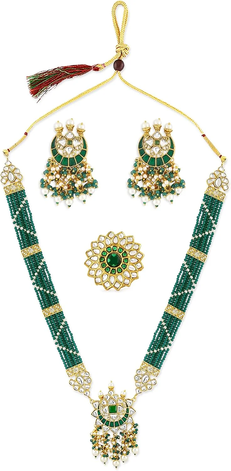 ZAVERI PEARLS ست گردنبند بلند، گوشواره و انگشتر میناکاری شده سبز رنگ زنانه مدل Kundan - ZPFK10831