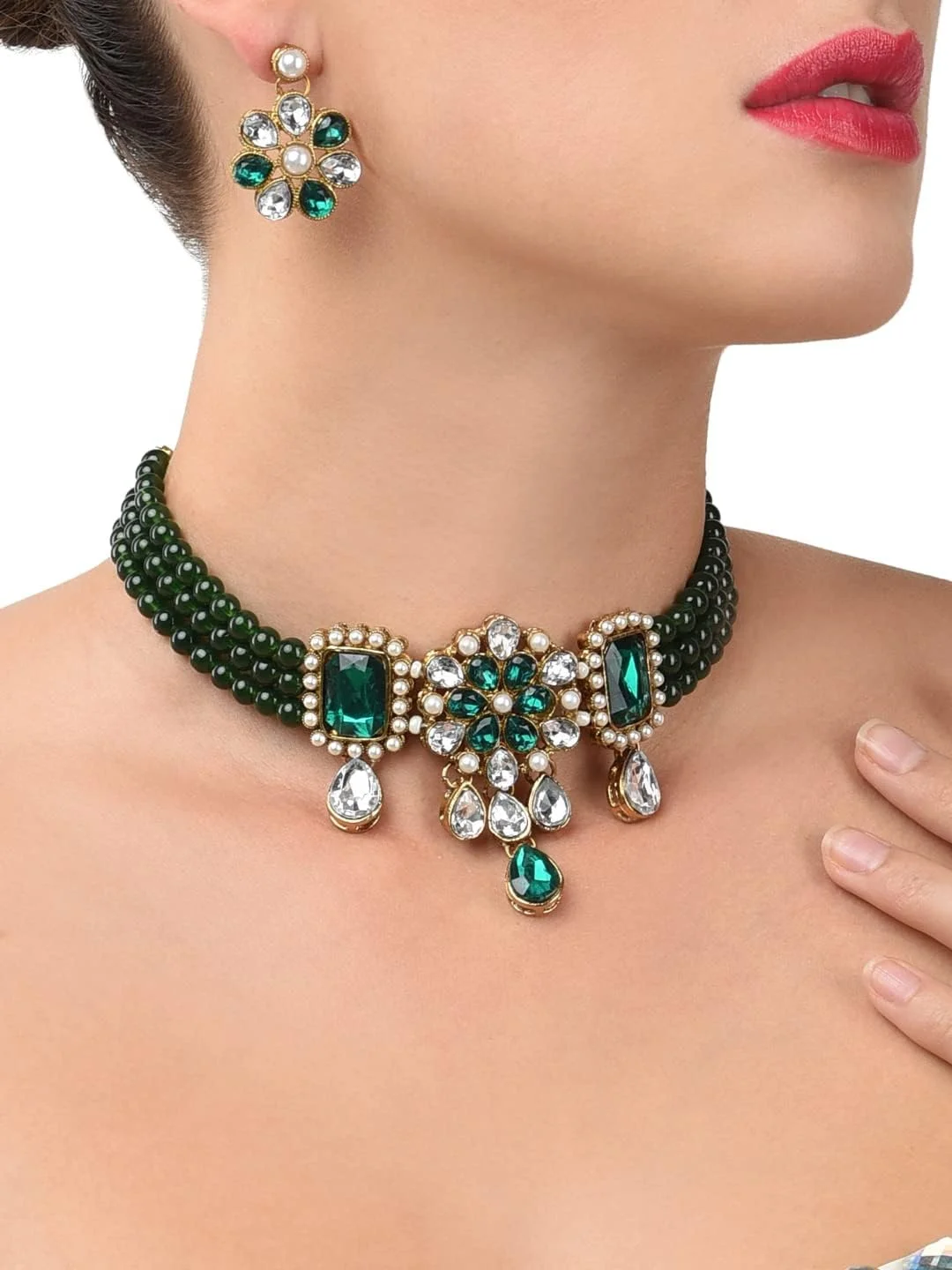 زیوری پرلز، گردنبند چوکر چند رشته ای با مهره های سبز و سنگ به همراه گوشواره، مناسب برای بانوان - Zpfk9966، سایز آزاد