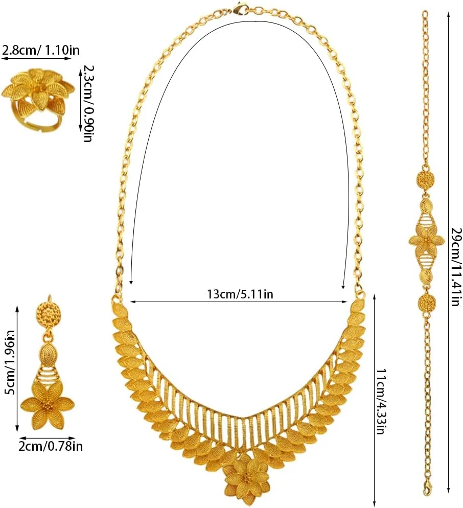 ست زیورآلات زنانه با روکش طلای 24 عیار شامل گردنبند، دستبند و گوشواره