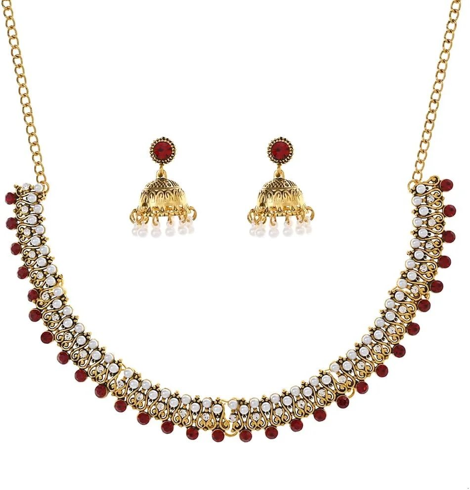 ست جواهرات هندی زنانه شامل گوشواره زنجیری، چوکر جومکا، گردنبند کندن، گوشواره زنجیری نگین دار طلایی، ست جواهرات هندی اکسید شده