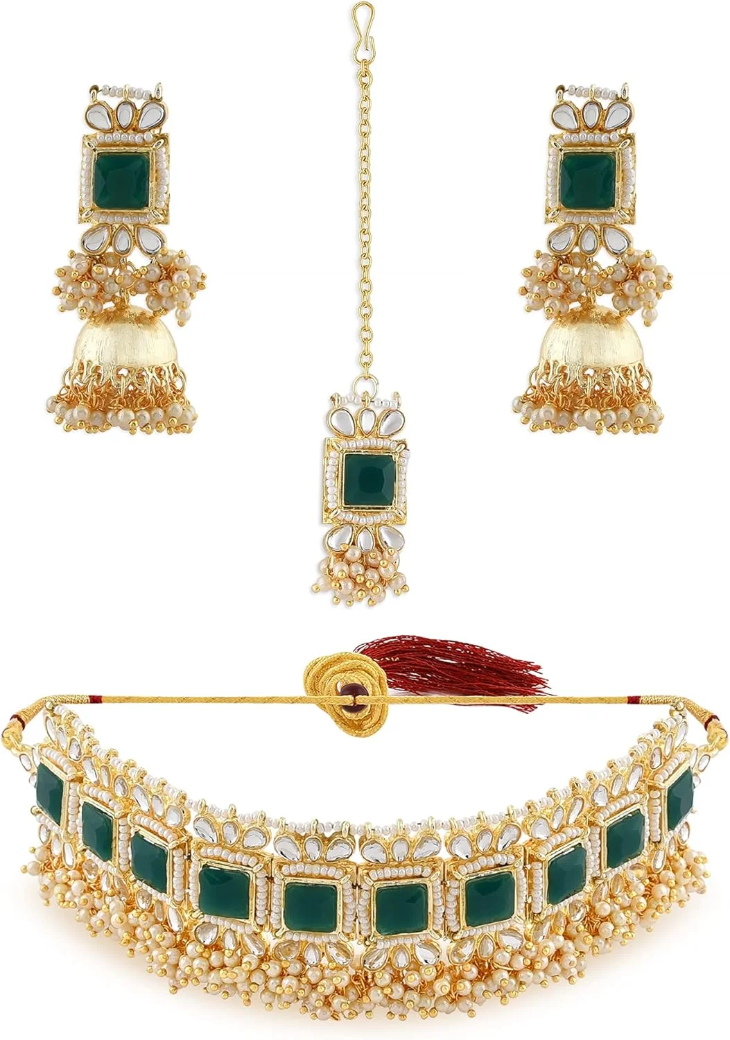 زیوری پرلز ست گردنبند چوکر، گوشواره و مانگ تیکا زنانه با سنگ های سبز و مرواریدهای خوشه ای کندان - ZPFK11239