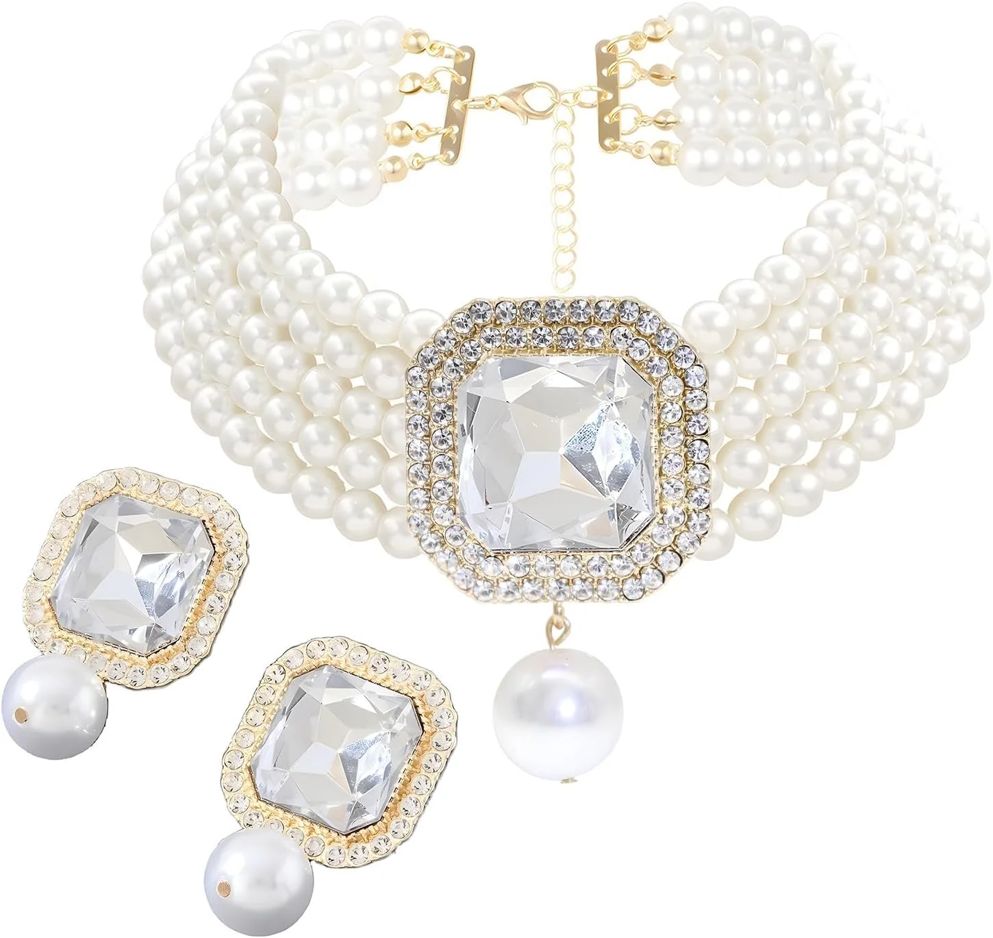 ست گردنبند چوکر مرواریدی با روکش طلا و گوشواره زنانه، گردنبند و گوشواره مرواریدی نگین دار کریستالی، ست جواهرات عروس مروارید الماس، هدیه برای مادر، همسر، خواهر، بهترین دوست