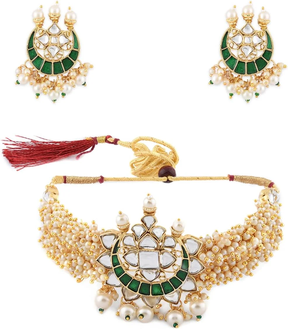 زیوری پرلز ست گردنبند چوکر و گوشواره میناکاری سبز رنگ، طرح پاتا کندان و مروارید خوشه ای زنانه - ZPFK10236