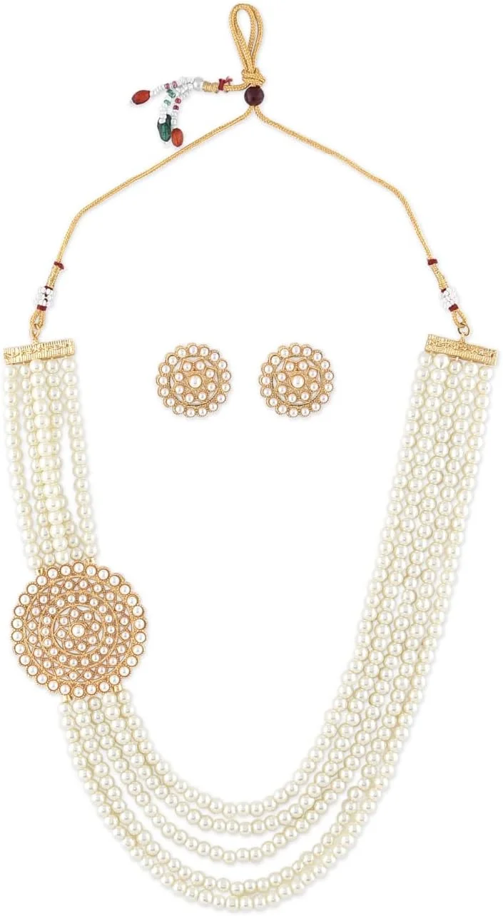 زیوری پرلز، ست گردنبند و گوشواره زنانه با سنجاق سینه چند لایه طلایی رنگ و مروارید مدل ZPFK10262