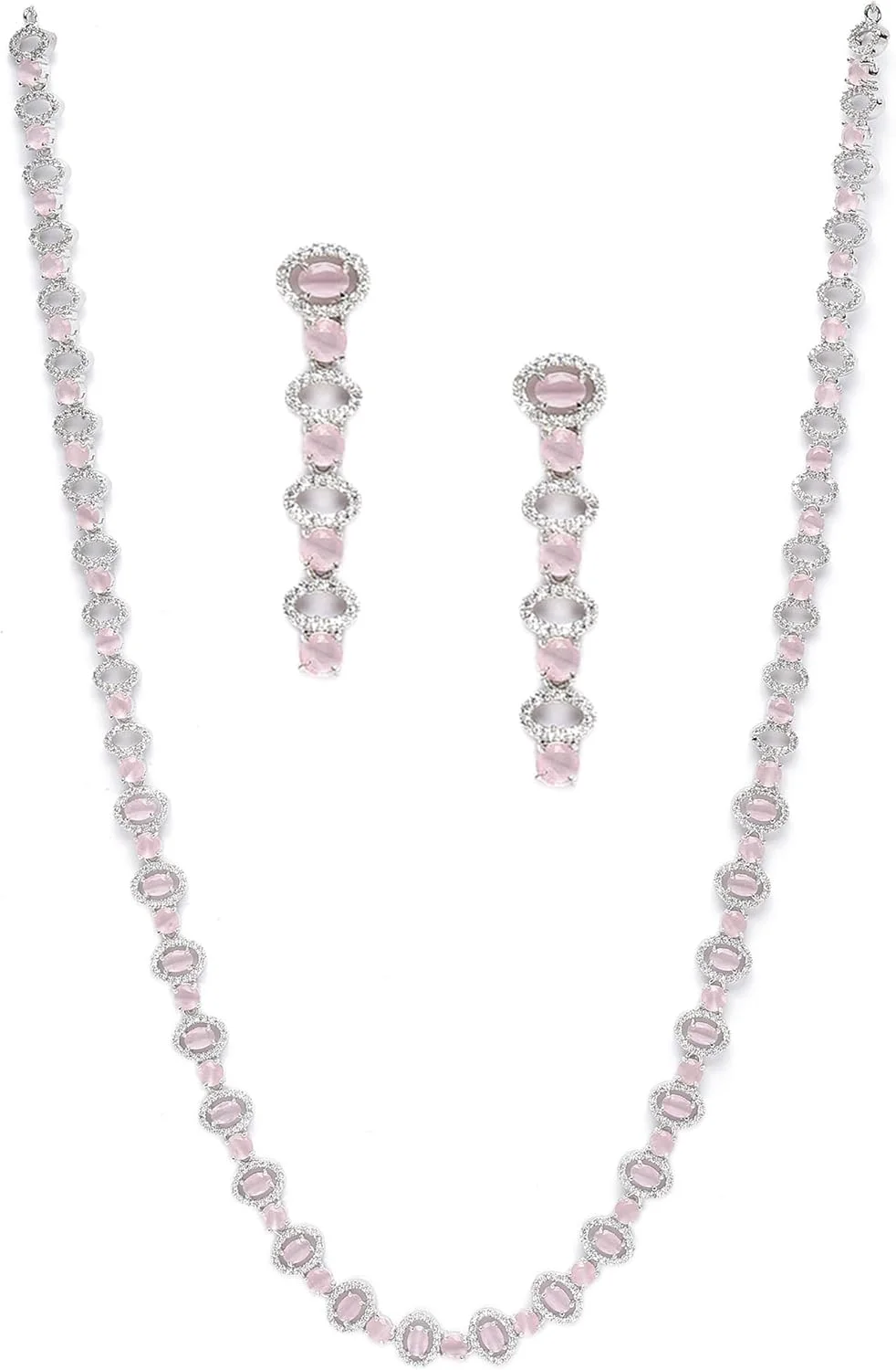 ست زیورآلات زنانه و دخترانه زنم مدل گردنبند بلند و گوشواره نگین دار طرح الماس آمریکایی با روکش رودیوم نقره ای