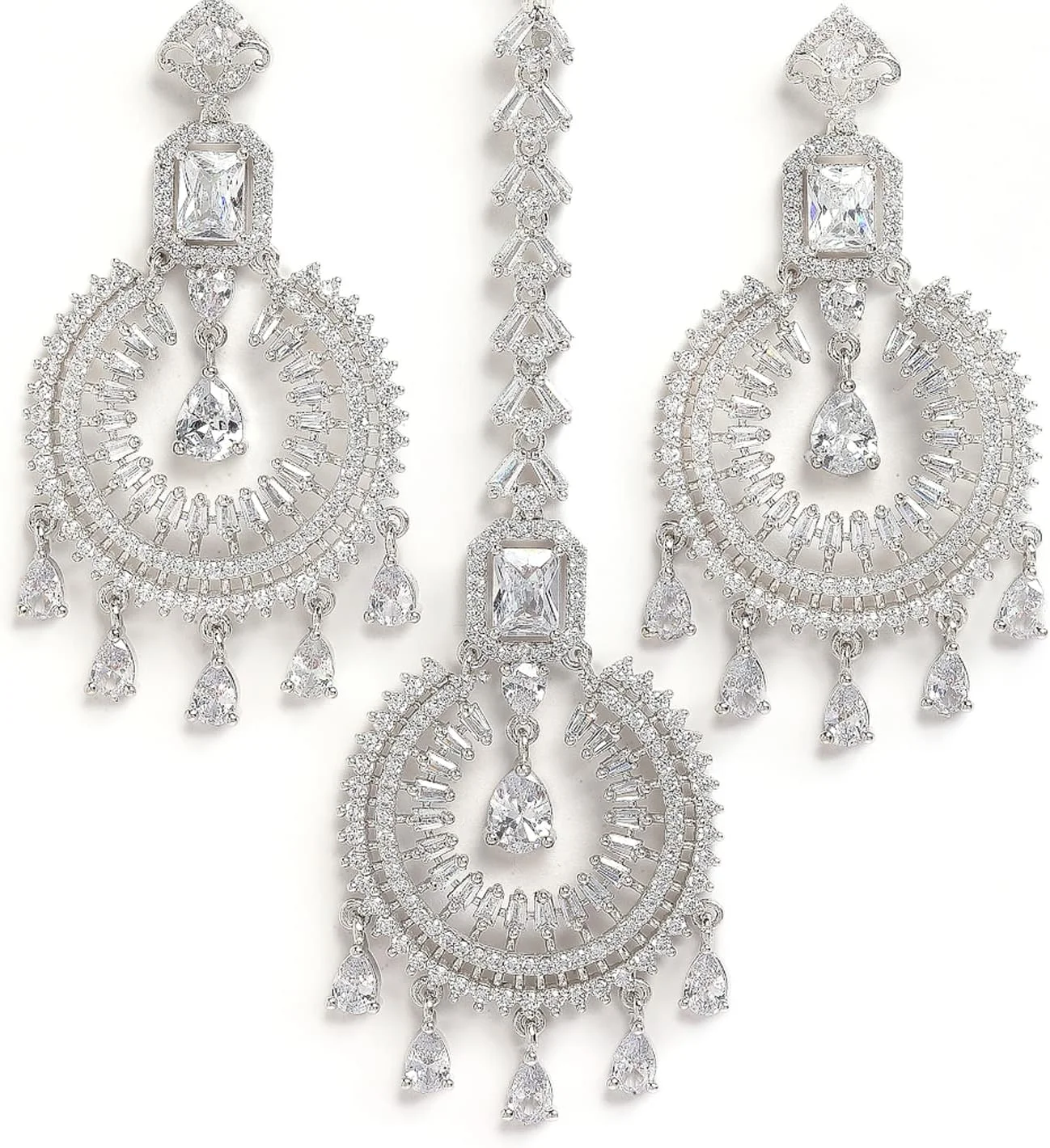 ست گوشواره و مانگ تیکا زنانه و دخترانه Zeneme با طراحی گرد براق و روکش رودیوم، متوسط، برنج با روکش رودیوم، زیرکونیا مکعبی