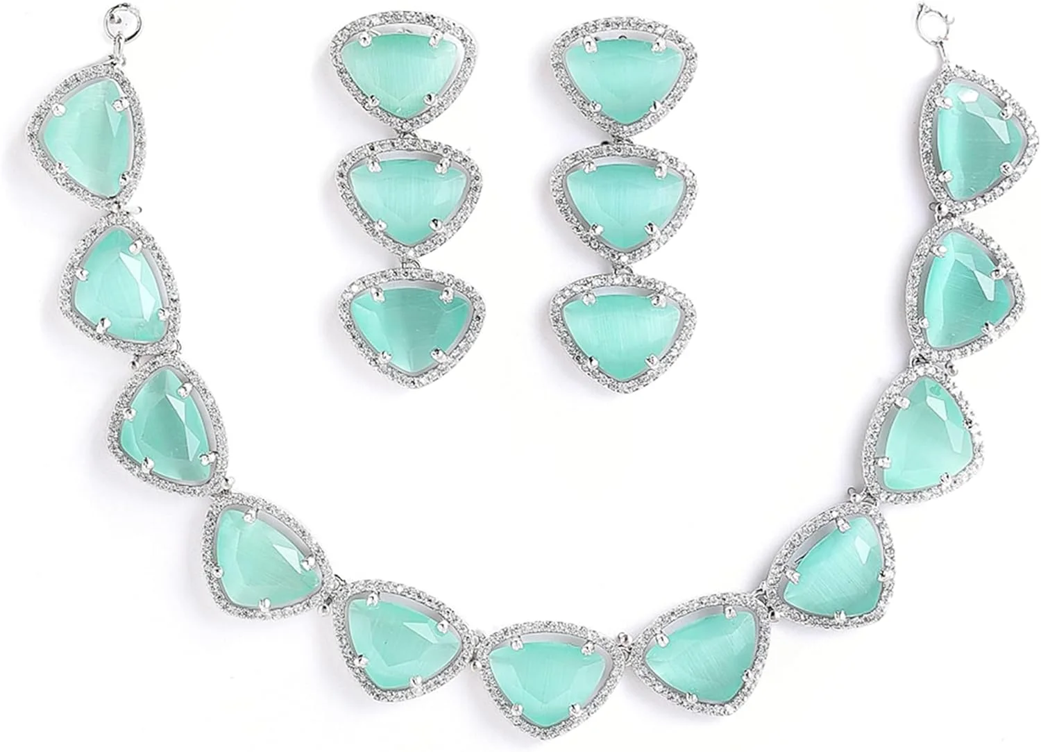 ست جواهرات زنانه زنم، روکش رودیوم، نقره ای، طرح مثلثی، نگین دار با الماس آمریکایی