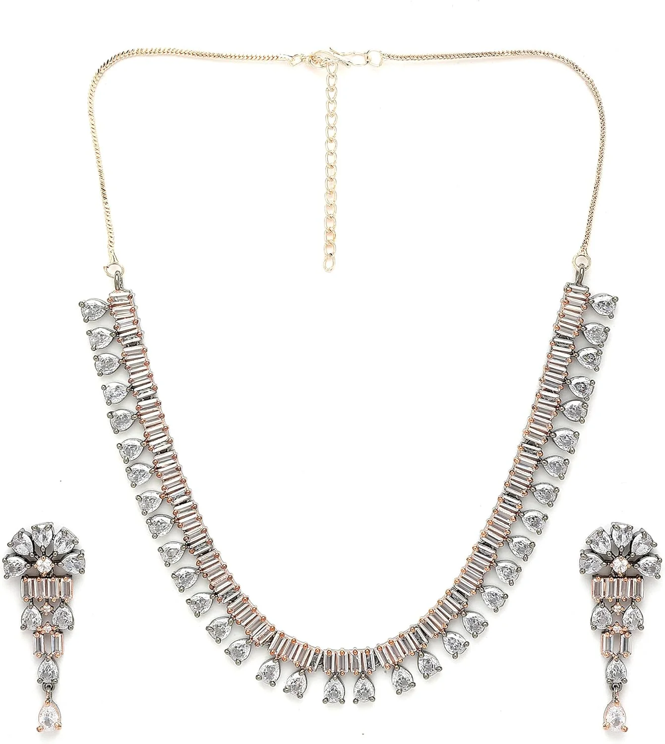 ست جواهرات زنانه مدل گلابی شکل روکش رودیوم با نگین های الماس آمریکایی نقره ای-سفید