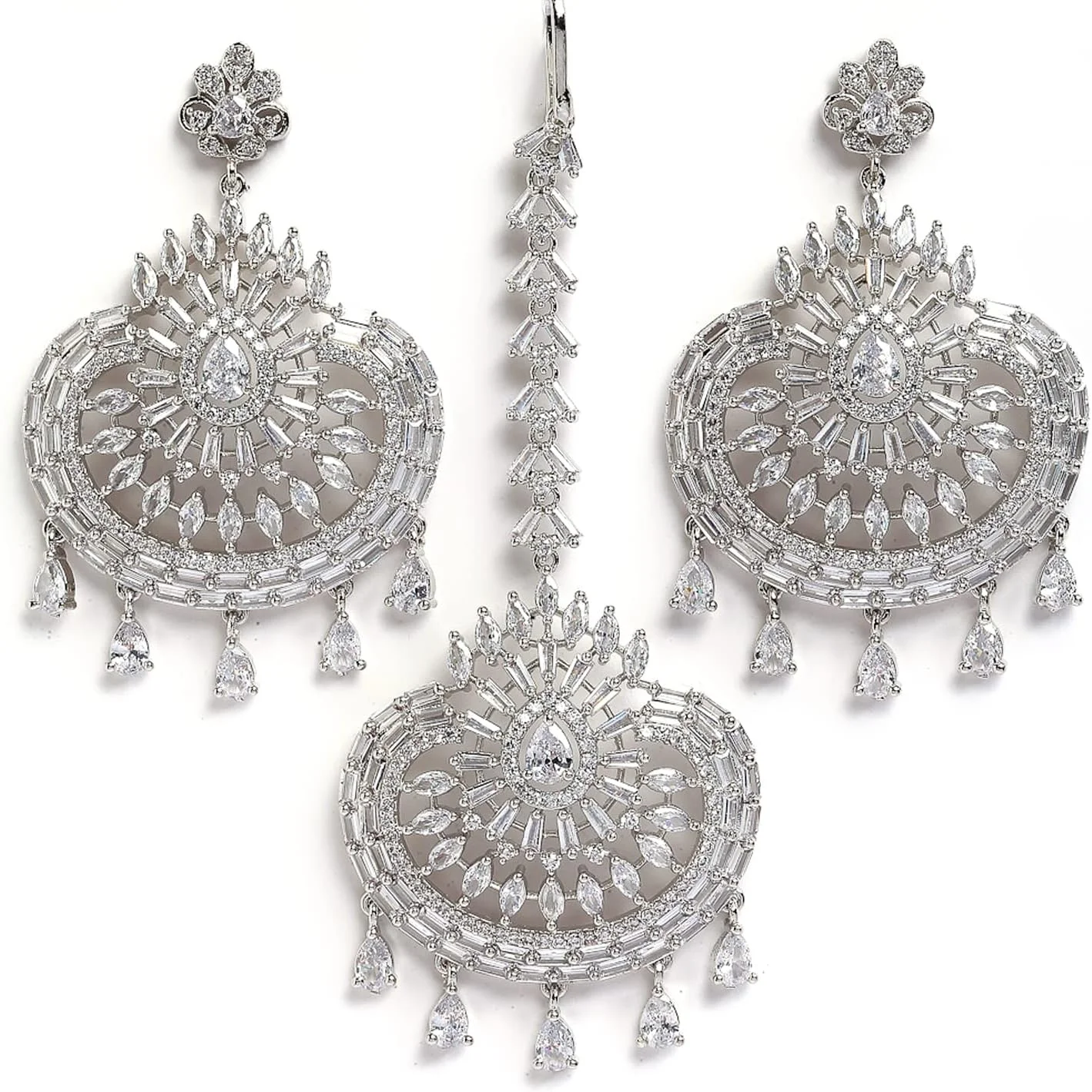 نیم ست گوشواره و مانگ تیکا زنانه و دخترانه Zeneme با طراحی شیک و گرد، روکش رودیوم، برنج با روکش رودیوم، زیرکونیا کوبیک، متوسط