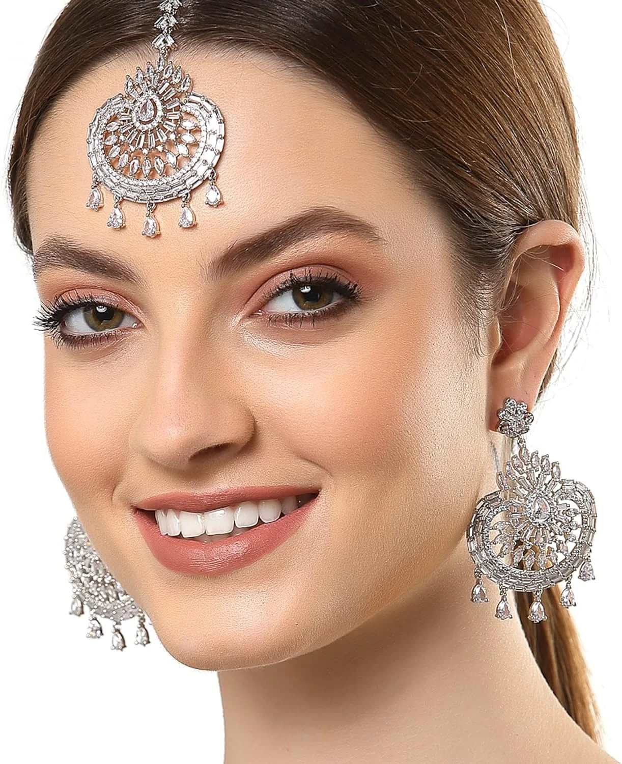 نیم ست گوشواره و مانگ تیکا زنانه و دخترانه Zeneme با طراحی شیک و گرد، روکش رودیوم، برنج با روکش رودیوم، زیرکونیا کوبیک، متوسط