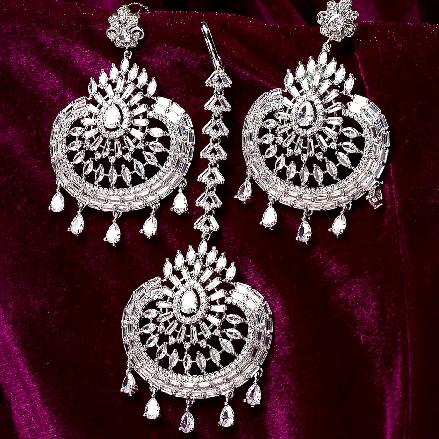 نیم ست گوشواره و مانگ تیکا زنانه و دخترانه Zeneme با طراحی شیک و گرد، روکش رودیوم، برنج با روکش رودیوم، زیرکونیا کوبیک، متوسط