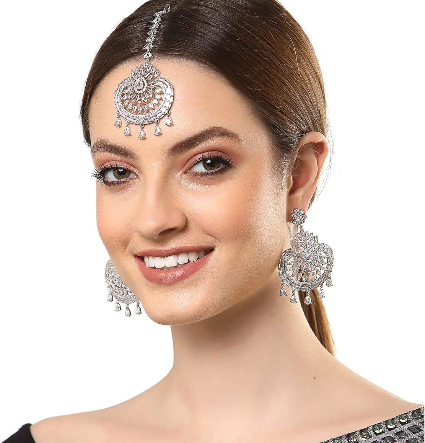 نیم ست گوشواره و مانگ تیکا زنانه و دخترانه Zeneme با طراحی شیک و گرد، روکش رودیوم، برنج با روکش رودیوم، زیرکونیا کوبیک، متوسط