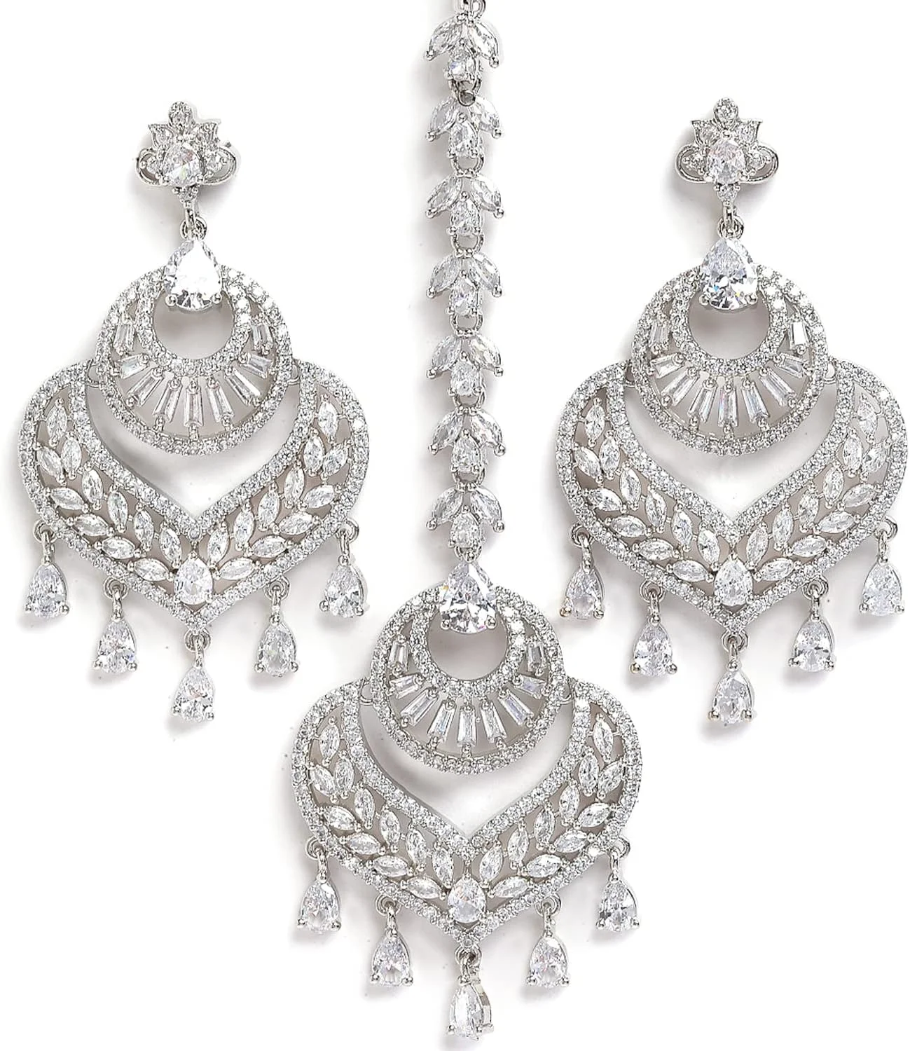 زنم مجموعه‌ای شیک و براق با طراحی گرد، شامل مانگ تیکا و گوشواره با روکش رودیوم برای زنان و دختران، سایز متوسط، برنج با روکش رودیوم، زیرکونیا کوبیک