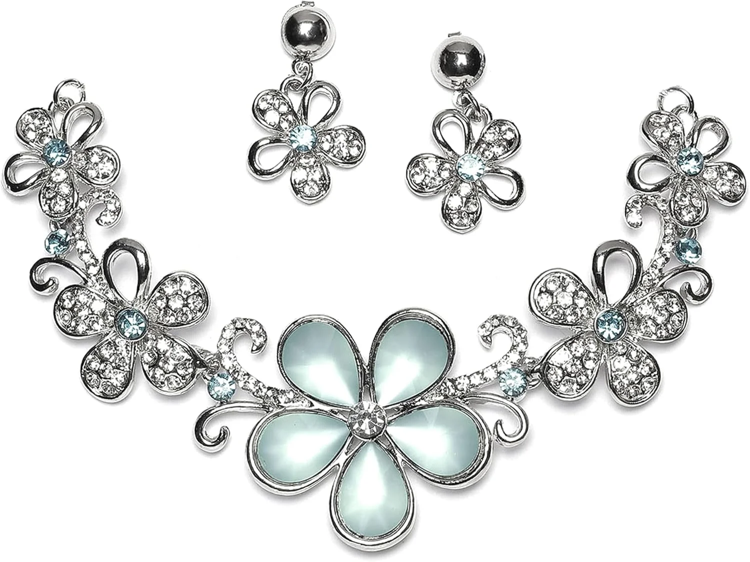 ست گردنبند و گوشواره زنانه طرح گل با نگین های الماس آمریکایی روکش رودیوم برند زنمی