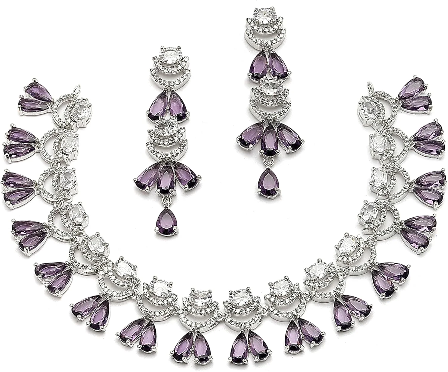 ست گردنبند و گوشواره زنانه نگین دار طرح اشک و هلال با روکش رودیوم ZENEME (بنفش)