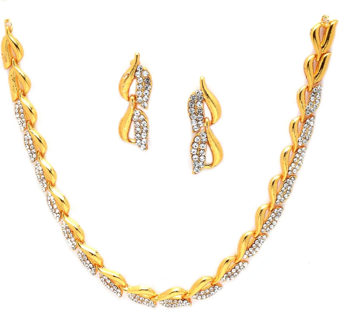 ست گردنبند و گوشواره زنانه نگین دار طرح برگ با الماس آمریکایی زنمه، مناسب بانوان و دختران