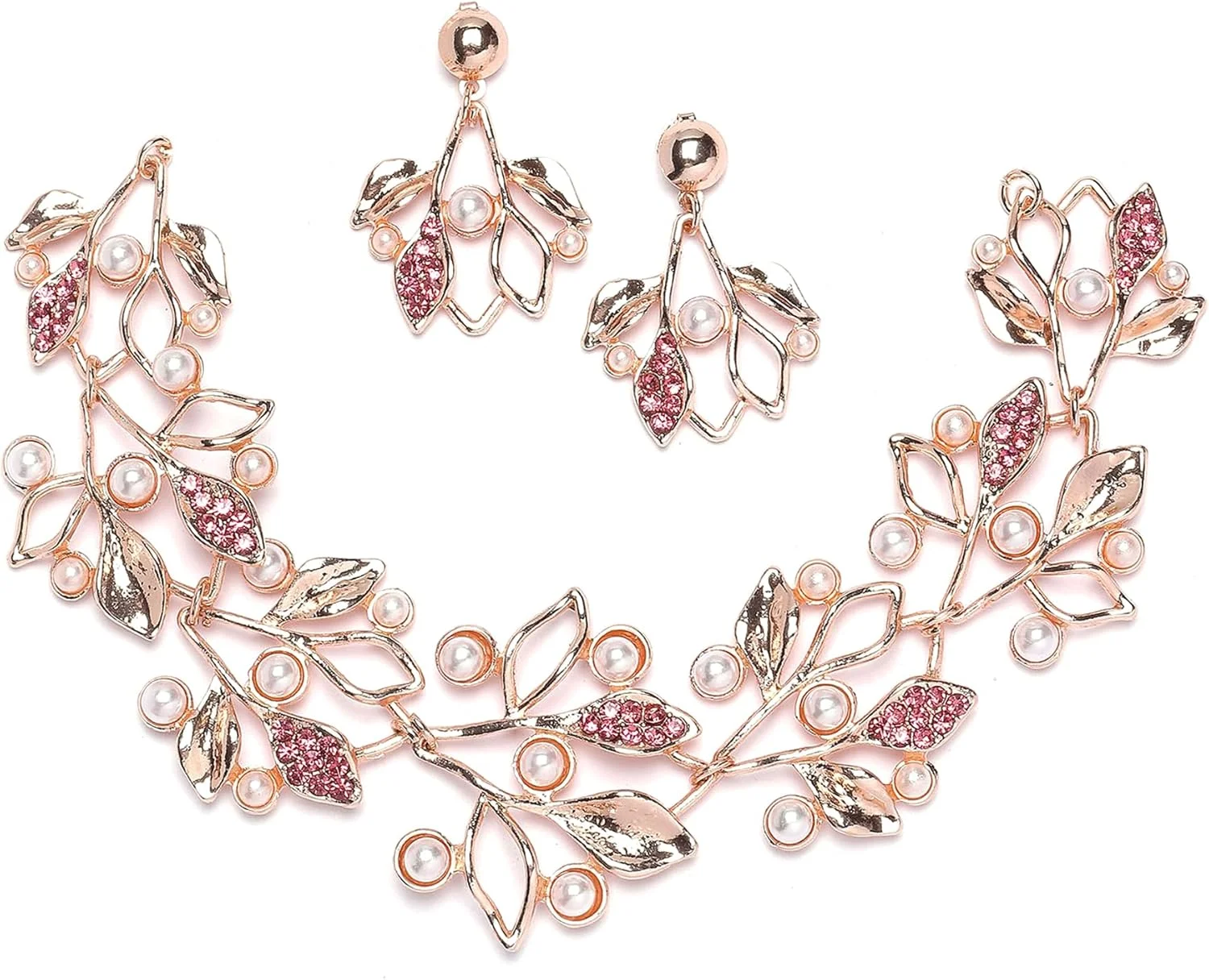 ست زیورآلات زنانه زنمه، نقره ای اکسید شده، نگین زیرکونیا و مروارید سفید، طرح برگ، شامل گردنبند و گوشواره