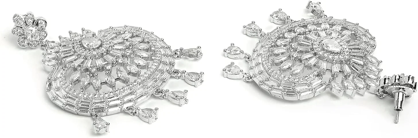 نیم ست گوشواره و مانگ تیکا زنانه و دخترانه Zeneme با طراحی شیک و گرد، روکش رودیوم، برنج با روکش رودیوم، زیرکونیا کوبیک، متوسط