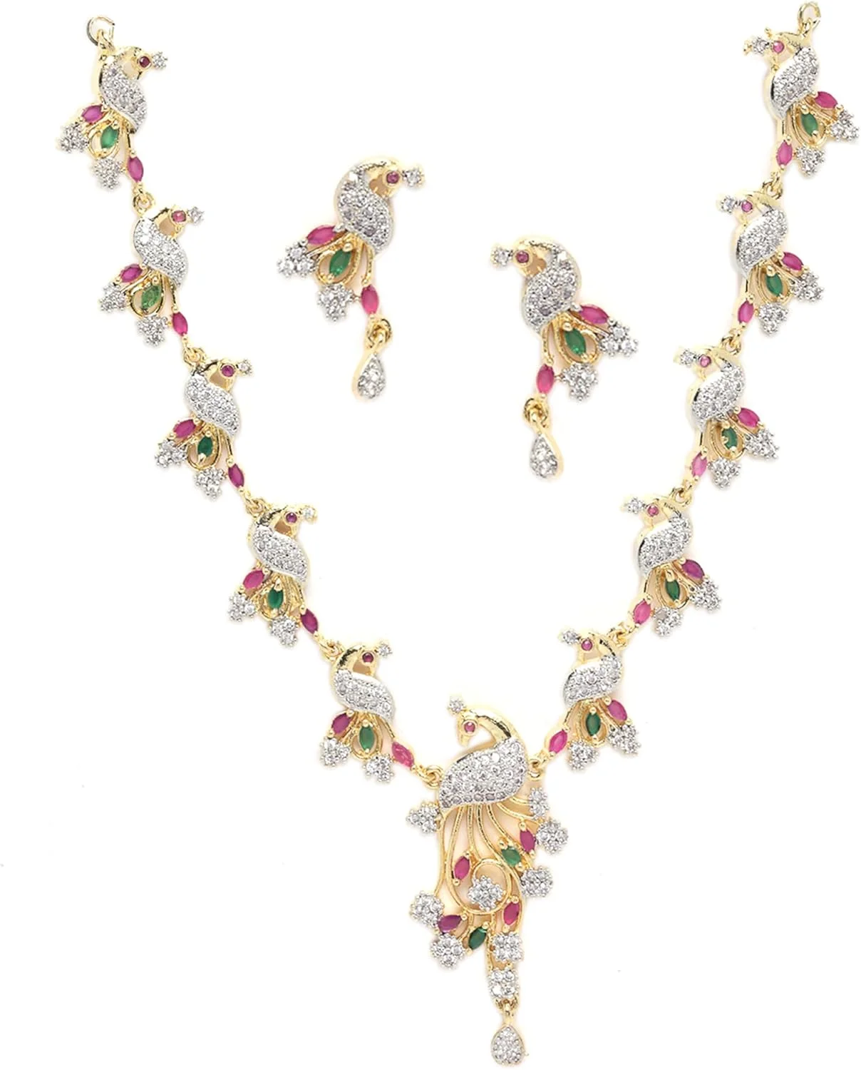 ست جواهرات زنانه Zeneme، نگین اتمی طرح طاووس شیک، روکش طلایی، شامل گردنبند و گوشواره