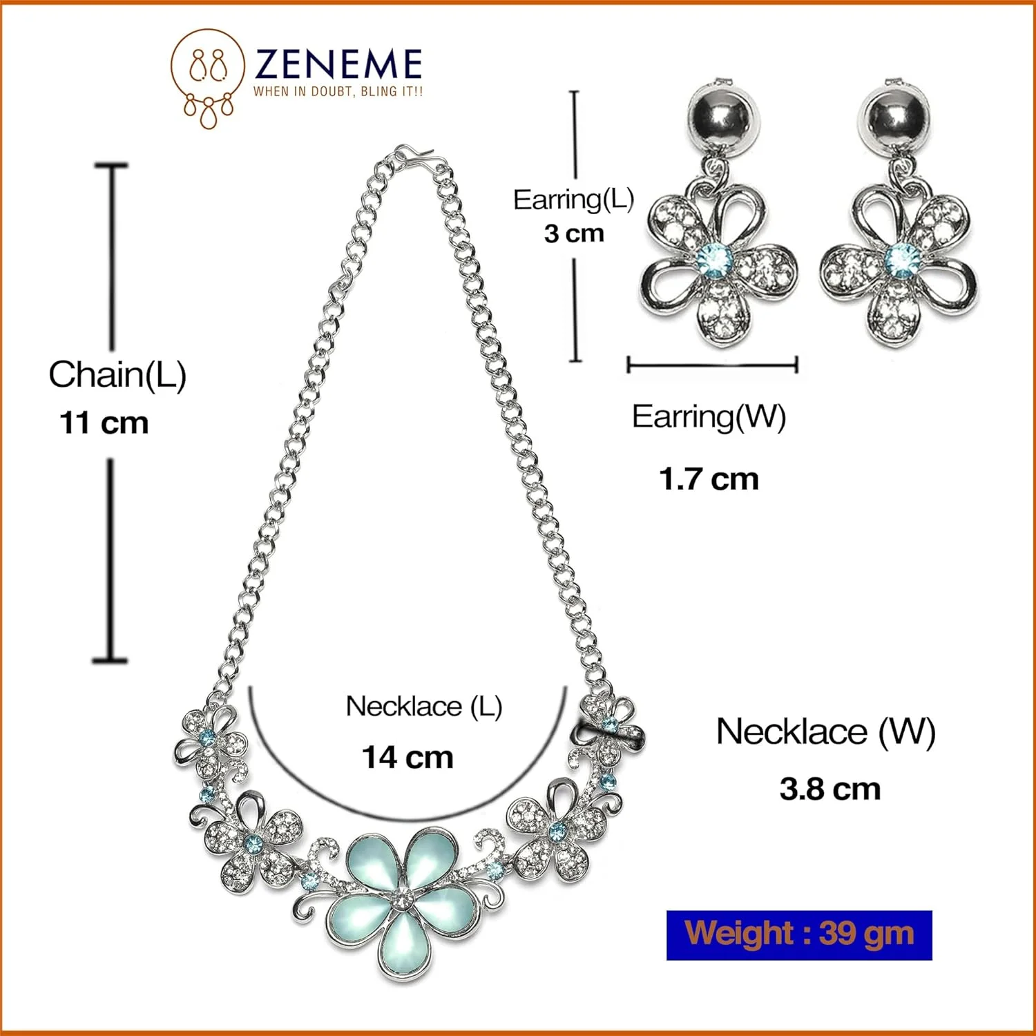 ست گردنبند و گوشواره زنانه طرح گل با نگین های الماس آمریکایی روکش رودیوم برند زنمی ست گردنبند و گوشواره زنانه طرح گل با نگین های الماس آمریکایی روکش رودیوم برند زنمی