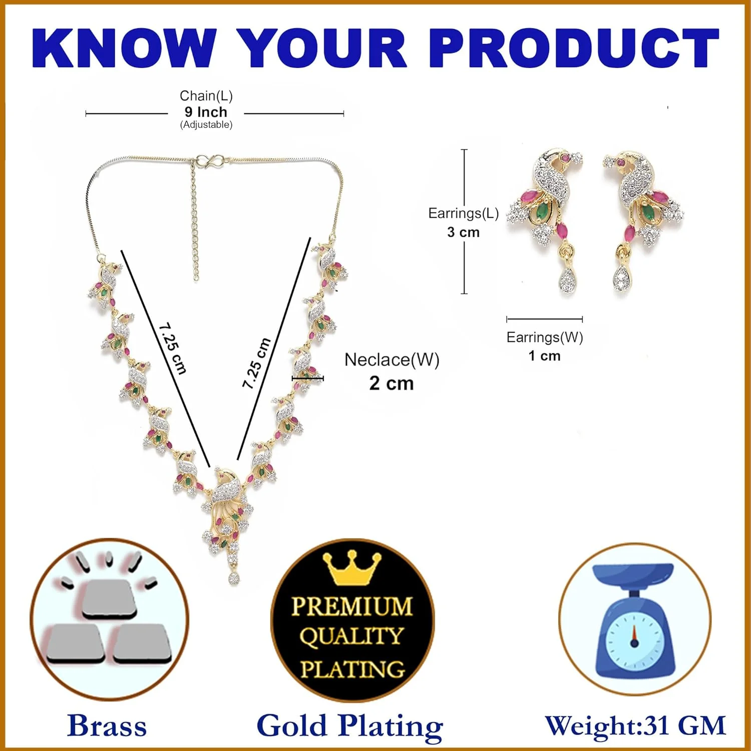 ست جواهرات زنانه Zeneme، نگین اتمی طرح طاووس شیک، روکش طلایی، شامل گردنبند و گوشواره ست جواهرات زنانه Zeneme، نگین اتمی طرح طاووس شیک، روکش طلایی، شامل گردنبند و گوشواره