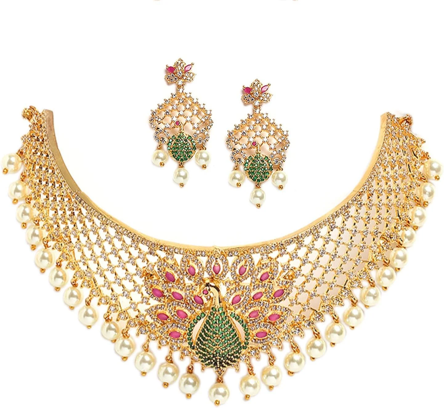 ست جواهرات زنانه زنانه ZENEME با روکش طلا، نگین الماس آمریکایی، مروارید آویز و مهره دار و قرمز (طرح 3)