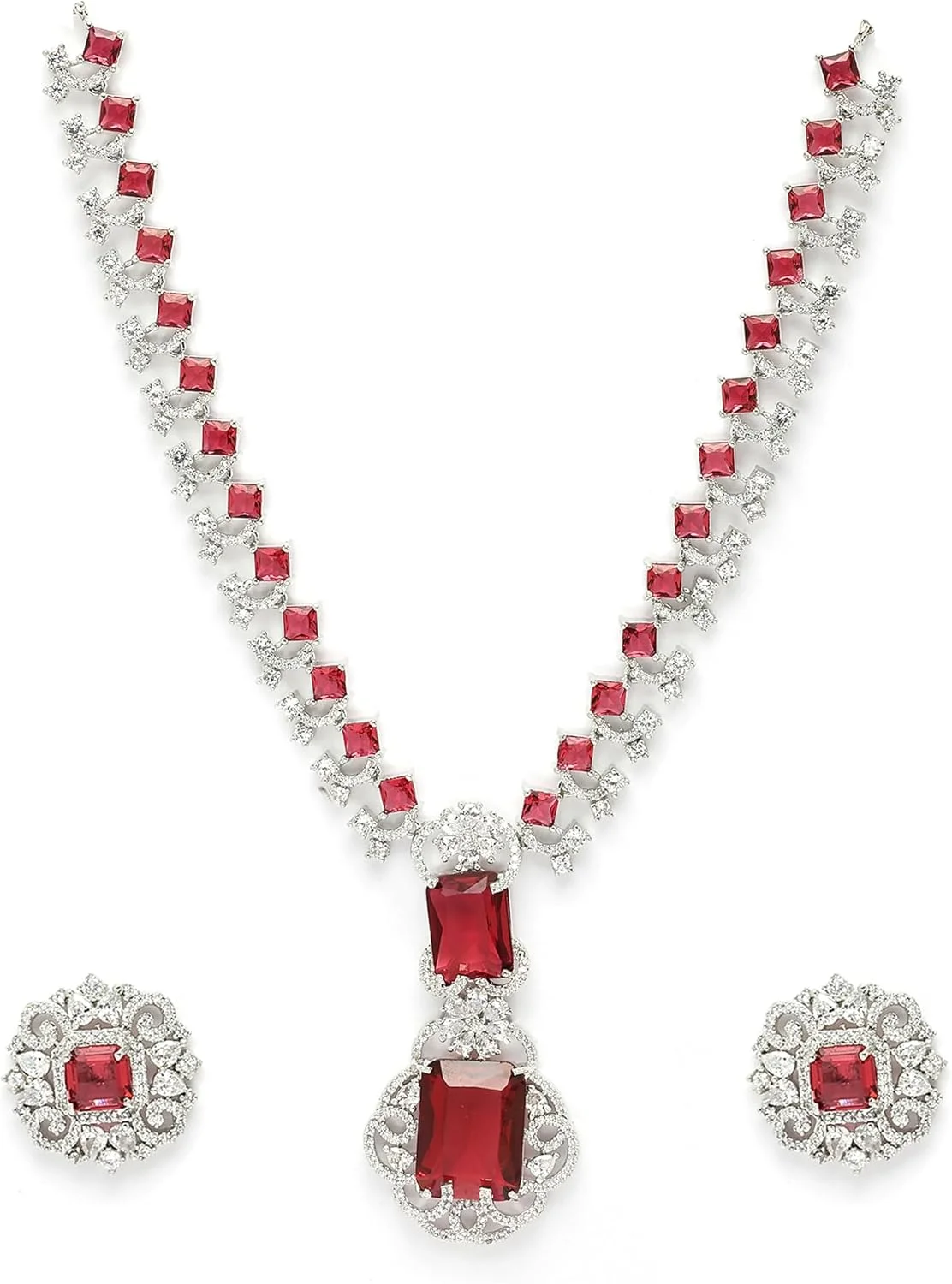 ست زیورآلات زنانه و دخترانه برند زنم، روکش رادیوم، نقره ای، برنجی، الهام گرفته از سلبریتی ها، نگین های قرمز الماس آمریکایی و کریستال