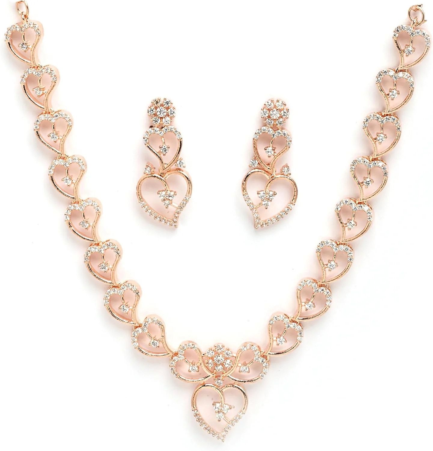 ست جواهرات زنانه نگین اتمی رزگلد زنانه زنم | جواهرات فانتزی | گوشواره و گردنبند گلدار رزگلد روکش شده زنانه و دخترانه