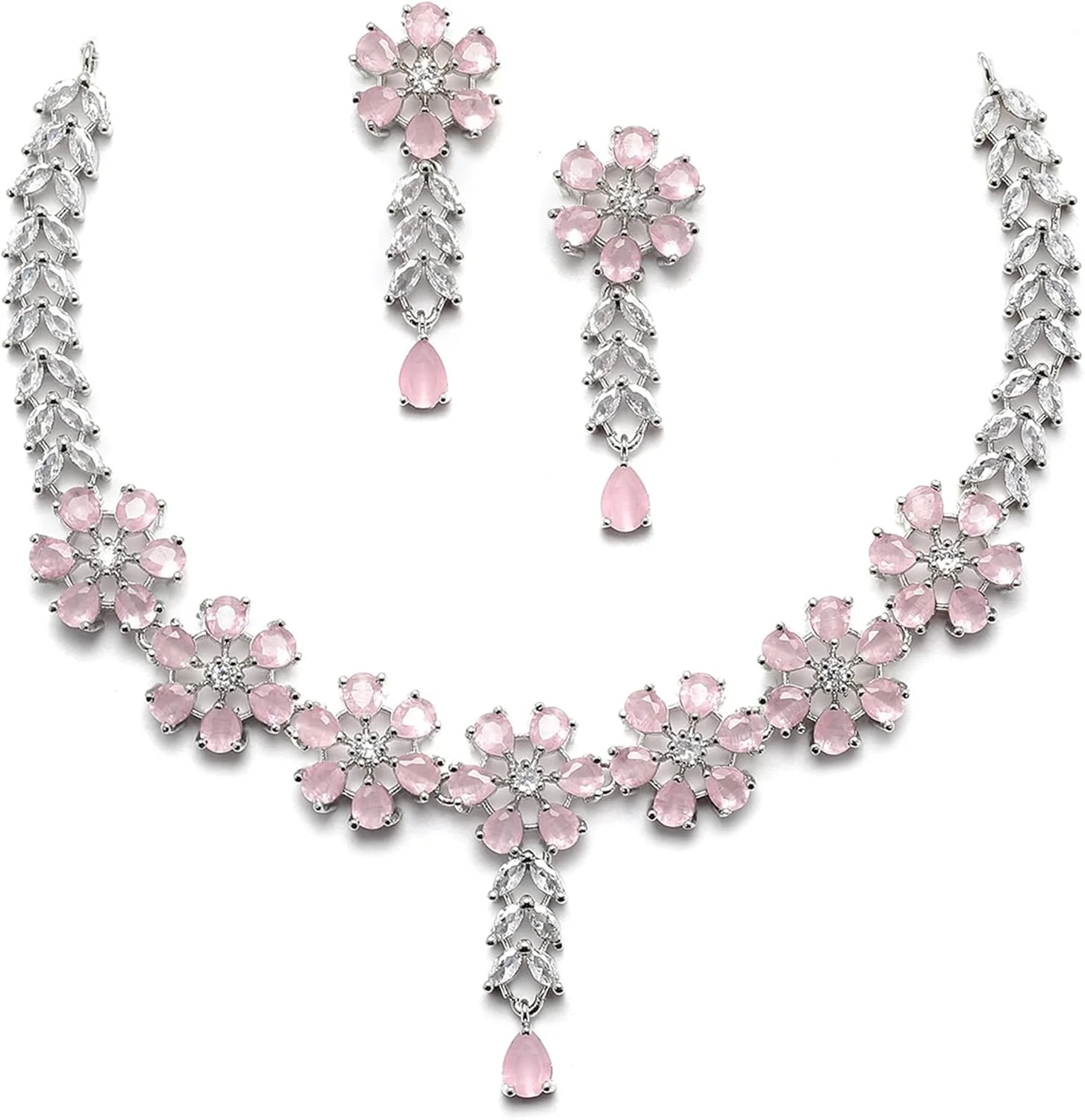 ست گردنبند و گوشواره زنانه طرح گل نگین دار روکش رودیوم ZENEME