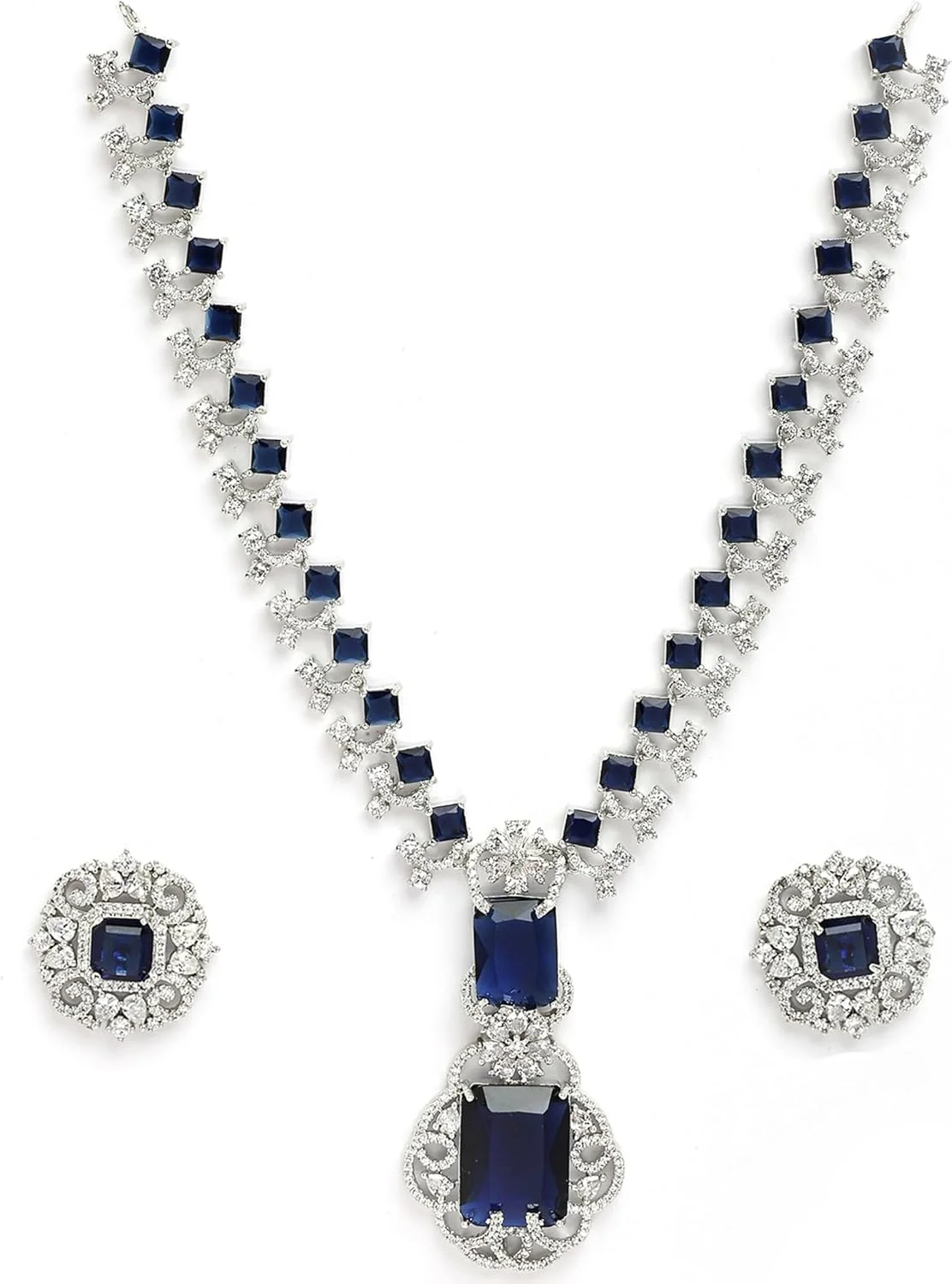 ست جواهرات زنانه و دخترانه برند زنمی، روکش رودیوم، نقره ای، برنجی، الهام گرفته از سلبریتی ها، آبی، الماس آمریکایی و کریستال