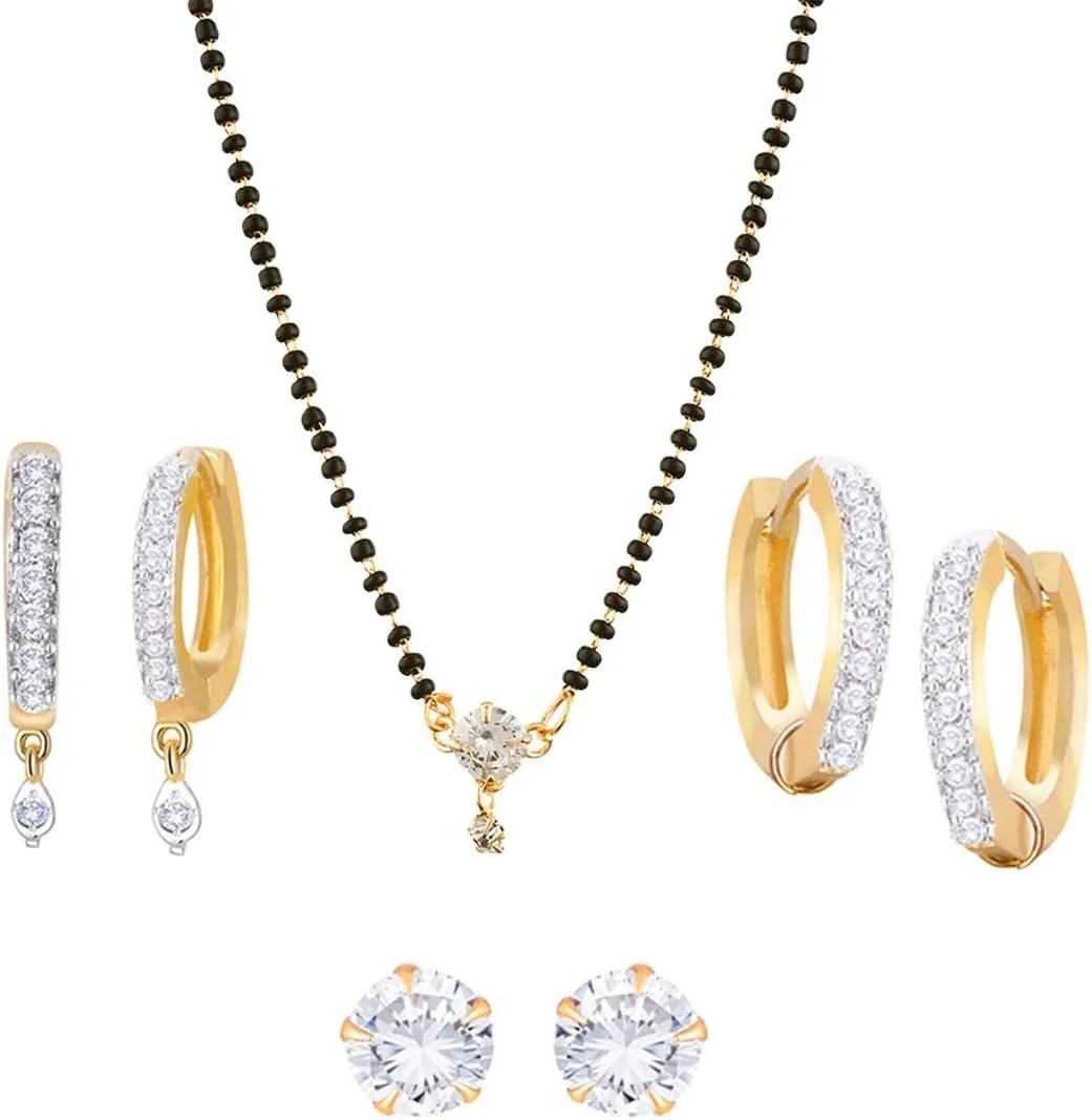 ست منگلسوتر با روکش طلای نگین دار طرح الماس آمریکایی Zeneme به همراه گوشواره، ست جواهرات زنانه و دخترانه، ست 3 تایی