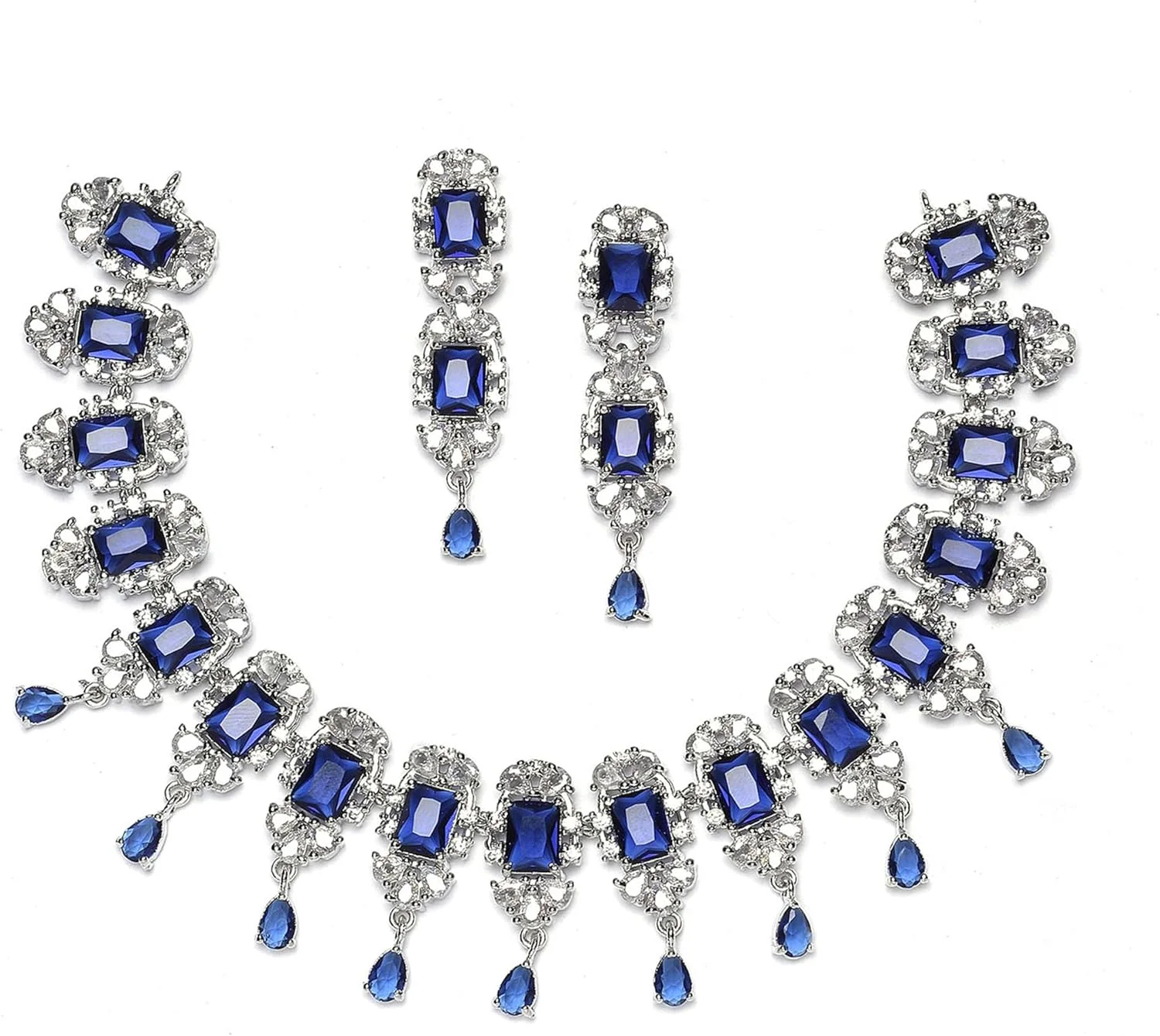 ست گردنبند و گوشواره زنانه نگین دار طرح مربع نقره ای با روکش رودیوم و نگین های اتمی