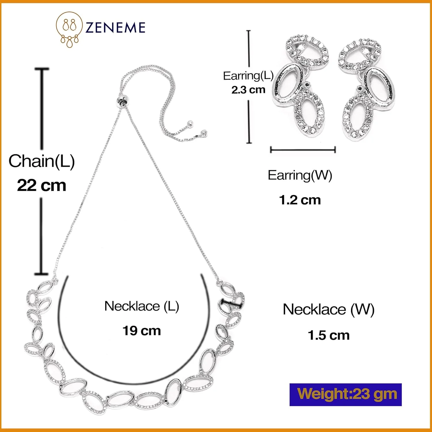 ست زیورآلات زنانه شامل گردنبند بیضی شکل نگین دار با الماس آمریکایی سفید و روکش طلا به همراه گوشواره برند زنمی ست زیورآلات زنانه شامل گردنبند بیضی شکل نگین دار با الماس آمریکایی سفید و روکش طلا به همراه گوشواره برند زنمی