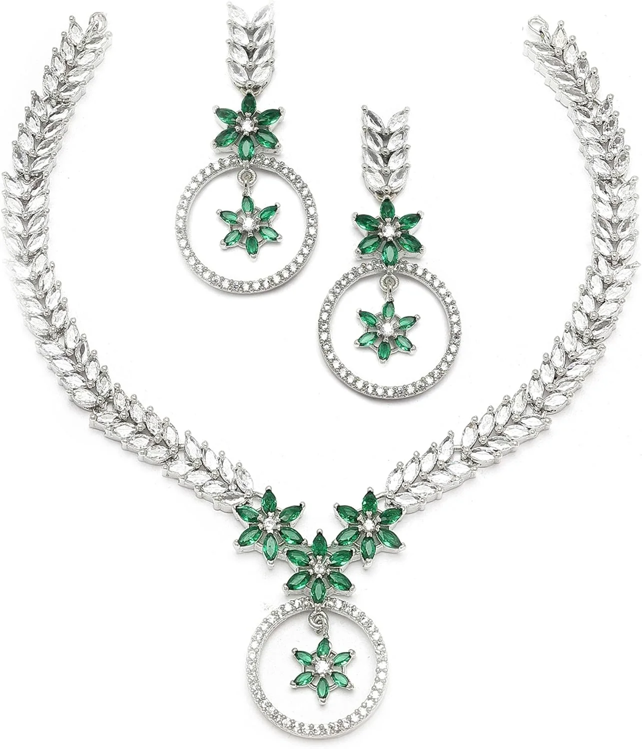 ست گردنبند و گوشواره زنانه طرح ستاره و برگ نگین دار روکش رودیوم ZENEME