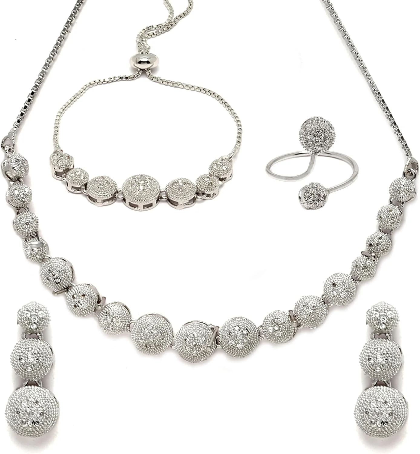 ست جواهرات زنانه و دخترانه شامل گردنبند، گوشواره، دستبند و انگشتر نگین دار با روکش رودیوم نقره ای رنگ از برند زنمه (سفید و نقره ای)