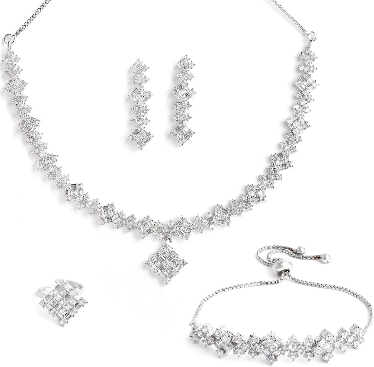 ست زیورآلات زنانه و دخترانه شامل گردنبند، گوشواره، دستبند و انگشتر با روکش رزگلد و نگین های الماس آمریکایی سفید طرح مربع زنمه