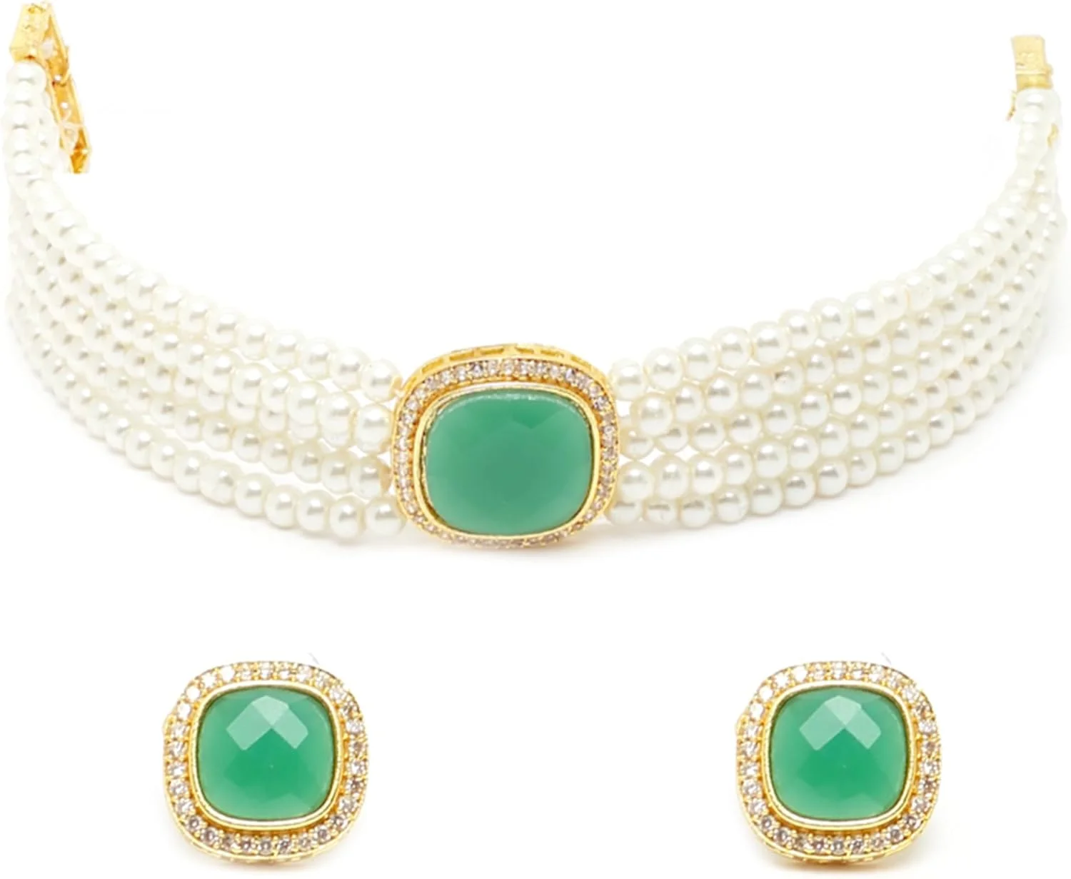 ست گردنبند و گوشواره زنانه و دخترانه زنم با روکش طلا، مروارید سفید، زنجیر مهره دار، نگین الماس آمریکایی سبز