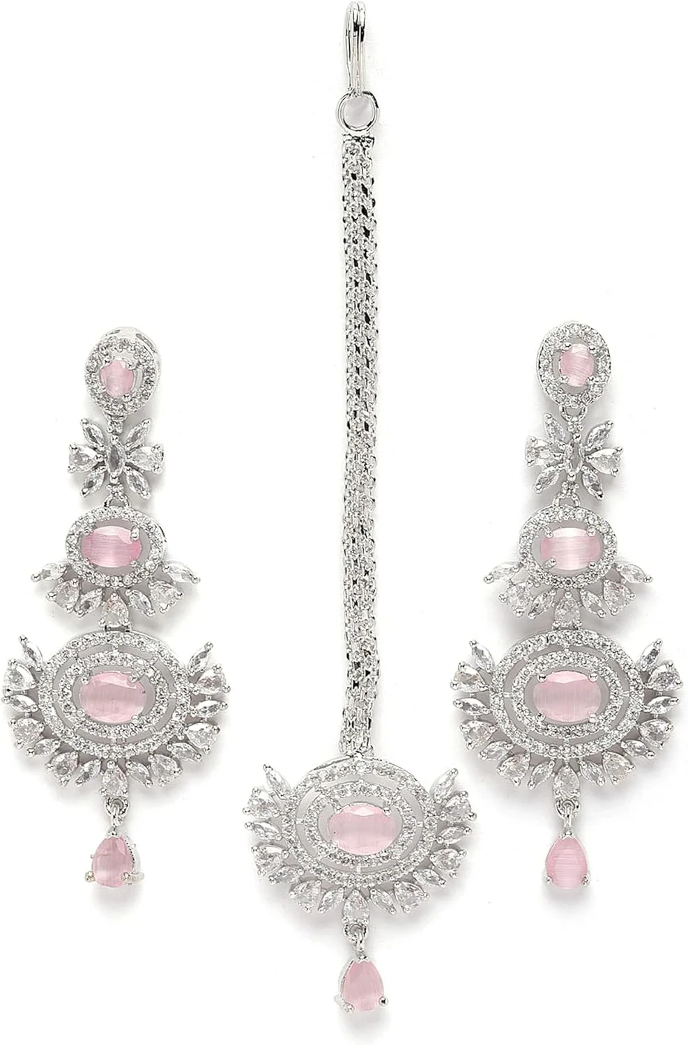 ست زیورآلات زنانه و دخترانه شامل مانگ تیکا و گوشواره نگین دار با روکش رزگلد و الماس آمریکایی برند زنیم