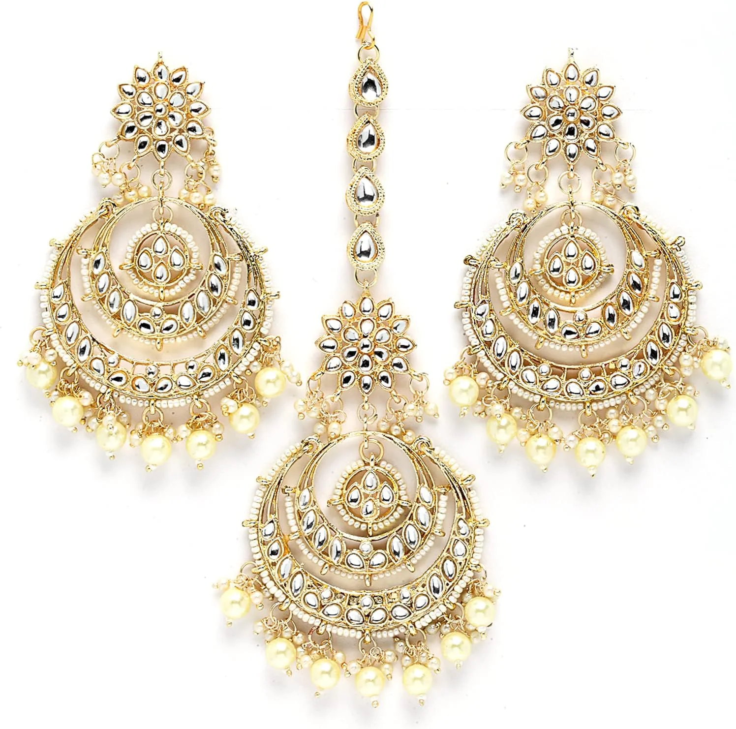 ست گوشواره چندبالی بزرگ با روکش طلای سنتی زنانه Zeneme با نگین های Kundan و مروارید به همراه مانگ تیکا (سفید)