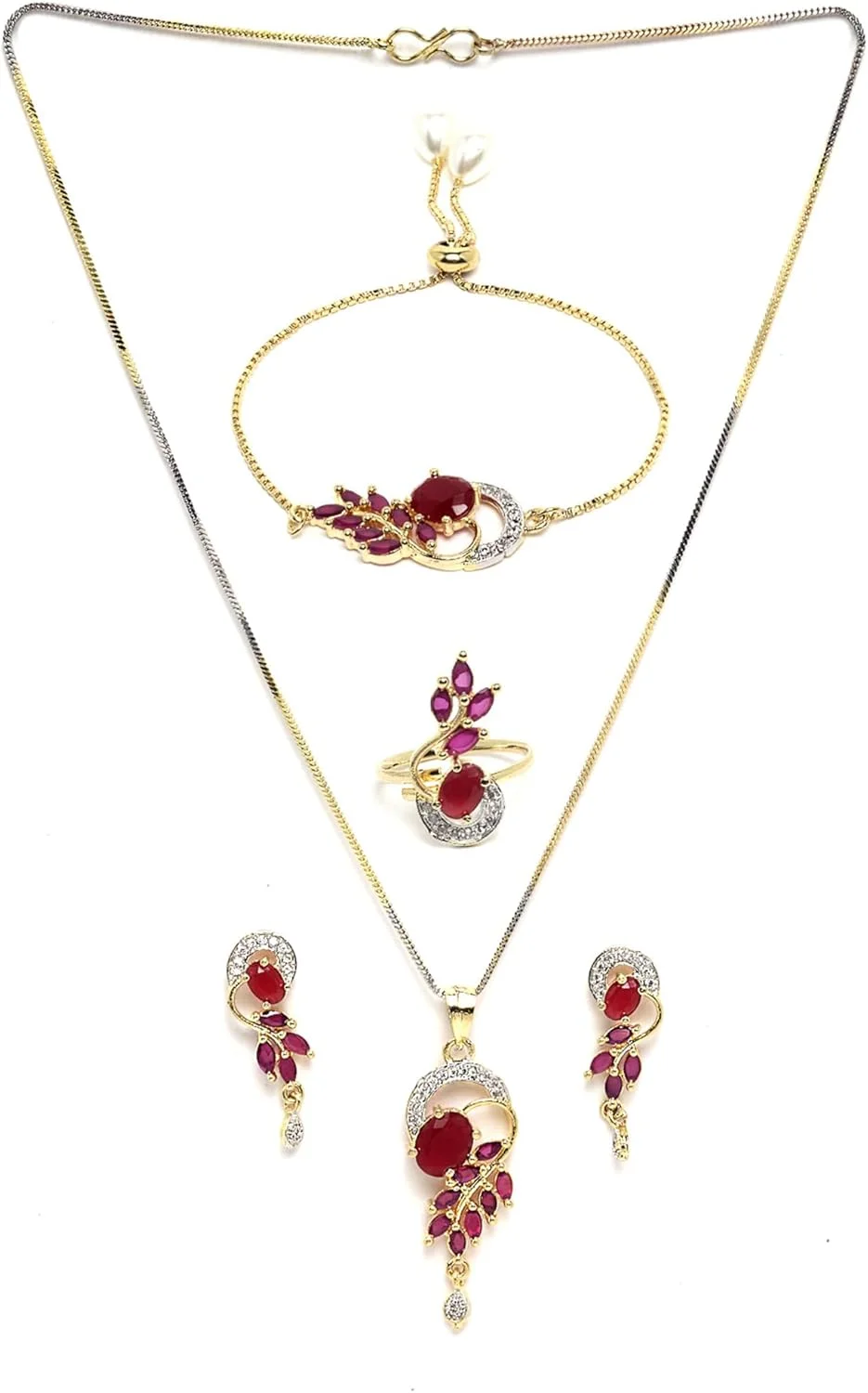ست گردنبند، آویز، انگشتر و دستبند زنانه و دخترانه با روکش طلا و زیرکونیا کوبیک از برند زنمی همراه با گوشواره ست گردنبند، آویز، انگشتر و دستبند زنانه و دخترانه با روکش طلا و زیرکونیا کوبیک از برند زنمی همراه با گوشواره