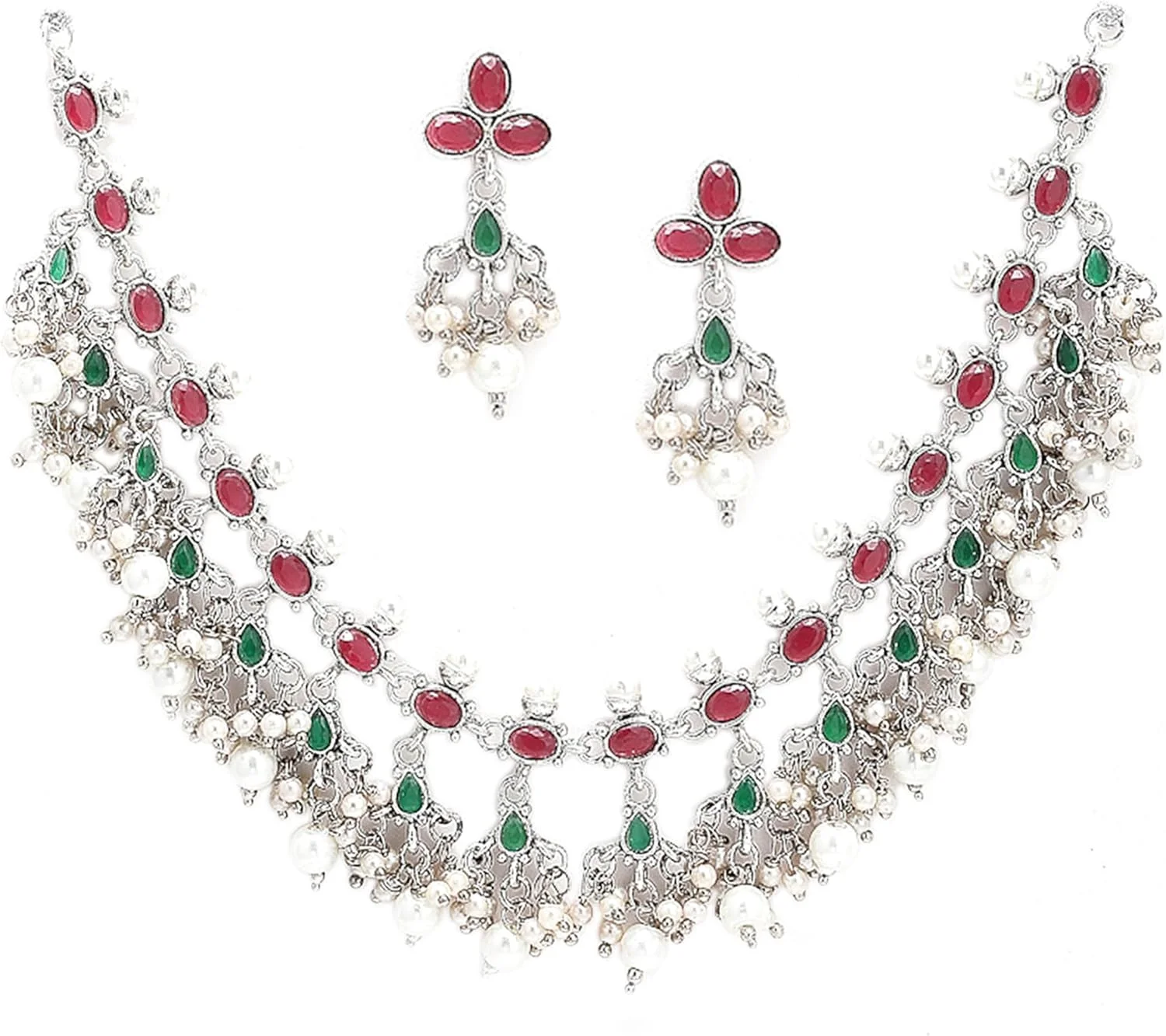 زیورآلات مد زنانه، گردنبند و گوشواره های طرح نقره ای اکسید شده، نگین دار با الماس آمریکایی قرمز، سبز و سفید، مناسب زنان و دختران زیورآلات مد زنانه، گردنبند و گوشواره های طرح نقره ای اکسید شده، نگین دار با الماس آمریکایی قرمز، سبز و سفید، مناسب زنان و دختران