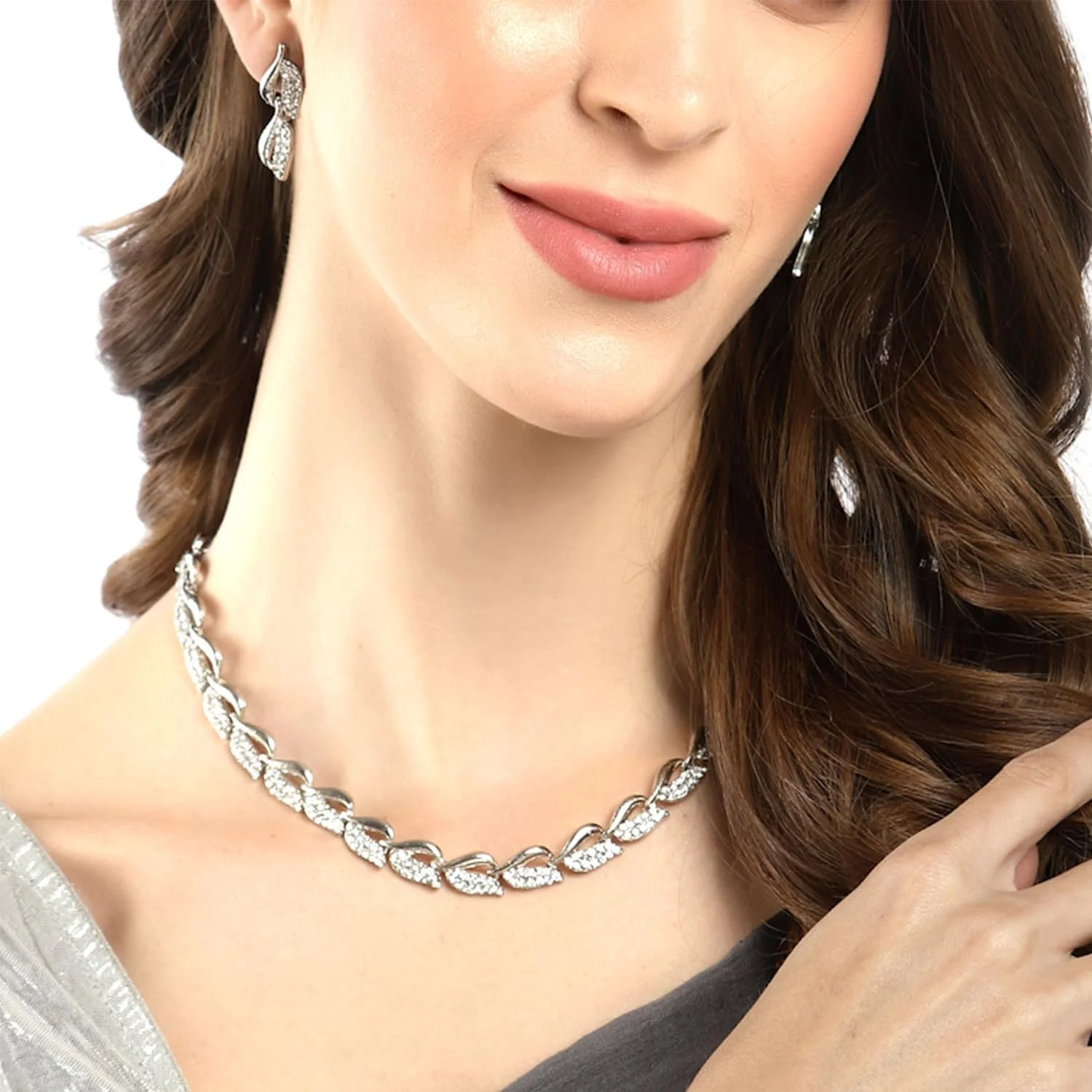 ست جواهرات زنانه Zeneme، ست گردنبند نقره ای رنگ با الماس آمریکایی و گوشواره، مناسب برای دختران و زنان ست جواهرات زنانه Zeneme، ست گردنبند نقره ای رنگ با الماس آمریکایی و گوشواره، مناسب برای دختران و زنان