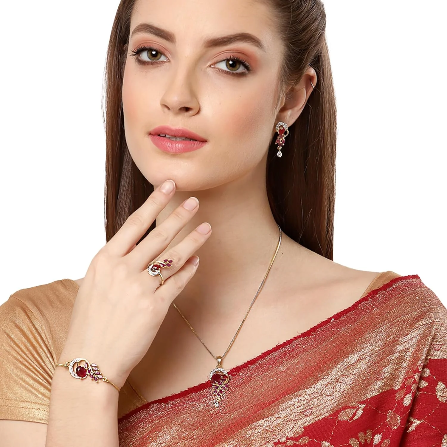 ست گردنبند، آویز، انگشتر و دستبند زنانه و دخترانه با روکش طلا و زیرکونیا کوبیک از برند زنمی همراه با گوشواره ست گردنبند، آویز، انگشتر و دستبند زنانه و دخترانه با روکش طلا و زیرکونیا کوبیک از برند زنمی همراه با گوشواره