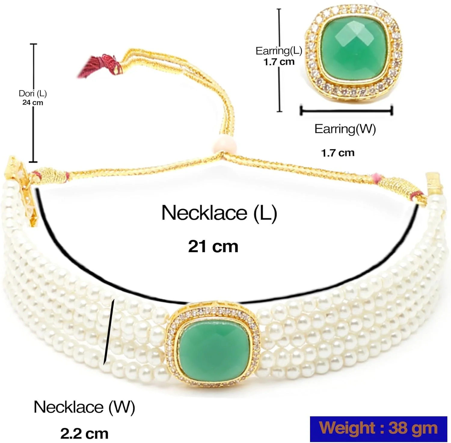 ست گردنبند و گوشواره زنانه و دخترانه زنم با روکش طلا، مروارید سفید، زنجیر مهره دار، نگین الماس آمریکایی سبز ست گردنبند و گوشواره زنانه و دخترانه زنم با روکش طلا، مروارید سفید، زنجیر مهره دار، نگین الماس آمریکایی سبز