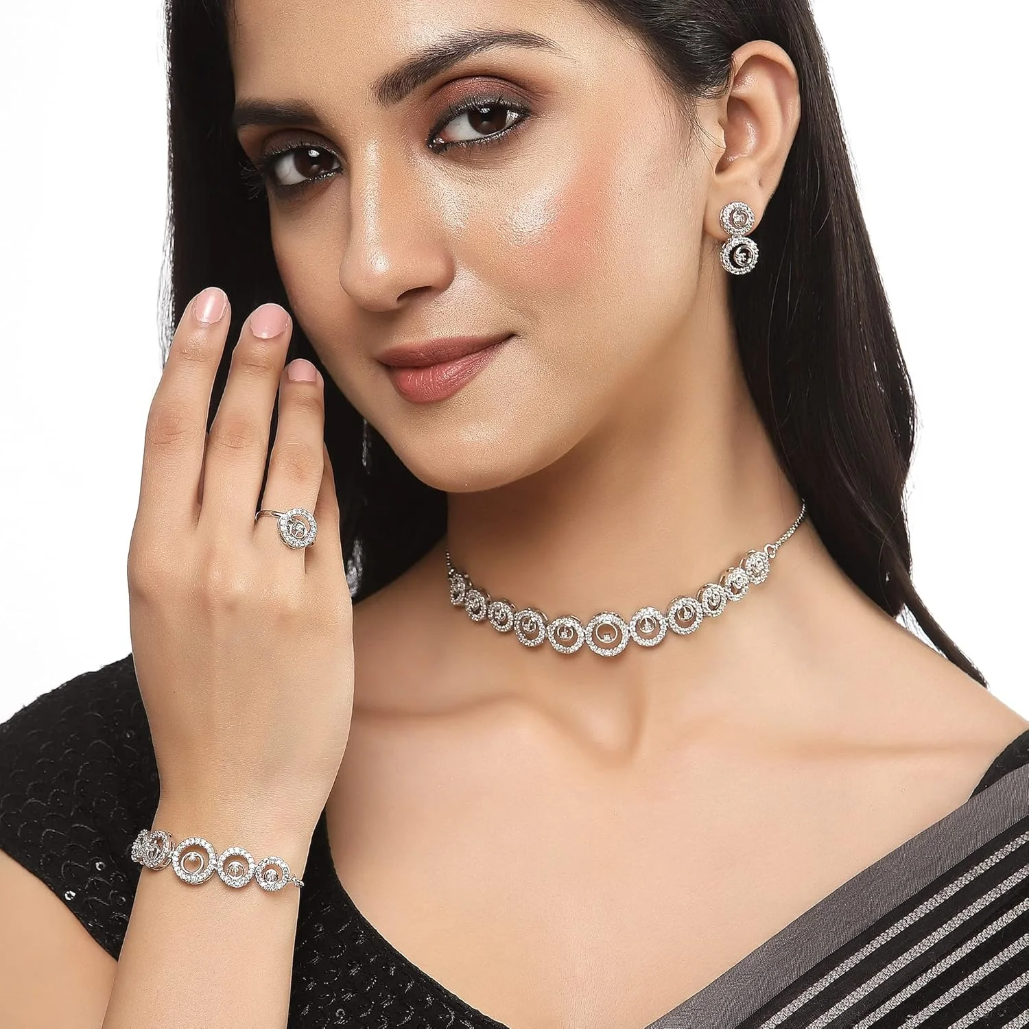 ست گردنبند چوکر، انگشتر، دستبند و گوشواره زنانه نگین دار ZENEME با روکش طلای نگین زیرکونیا، بسته 4 عددی (رادیوم) ست گردنبند چوکر، انگشتر، دستبند و گوشواره زنانه نگین دار ZENEME با روکش طلای نگین زیرکونیا، بسته 4 عددی (رادیوم)