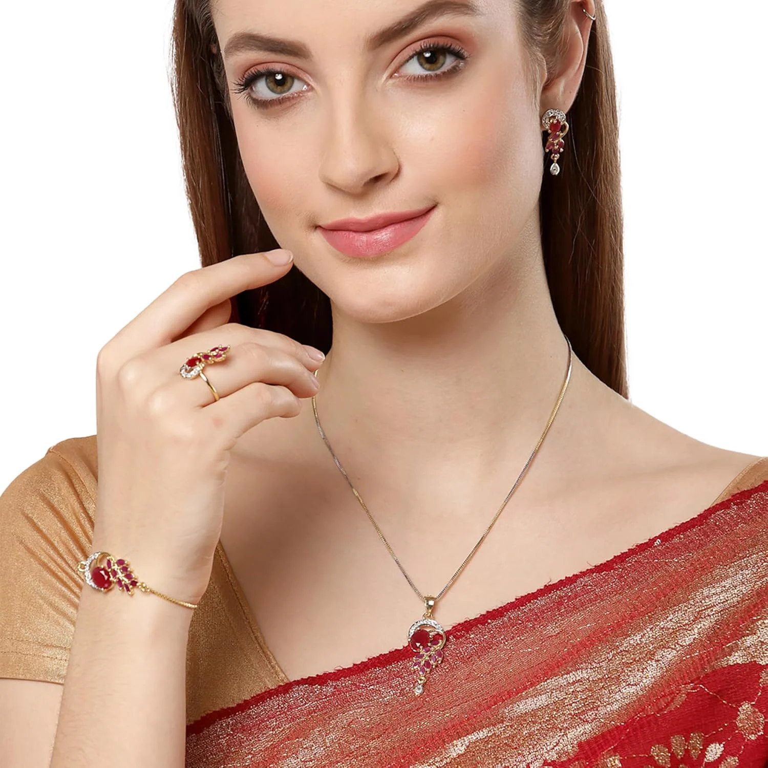 ست گردنبند، آویز، انگشتر و دستبند زنانه و دخترانه با روکش طلا و زیرکونیا کوبیک از برند زنمی همراه با گوشواره ست گردنبند، آویز، انگشتر و دستبند زنانه و دخترانه با روکش طلا و زیرکونیا کوبیک از برند زنمی همراه با گوشواره