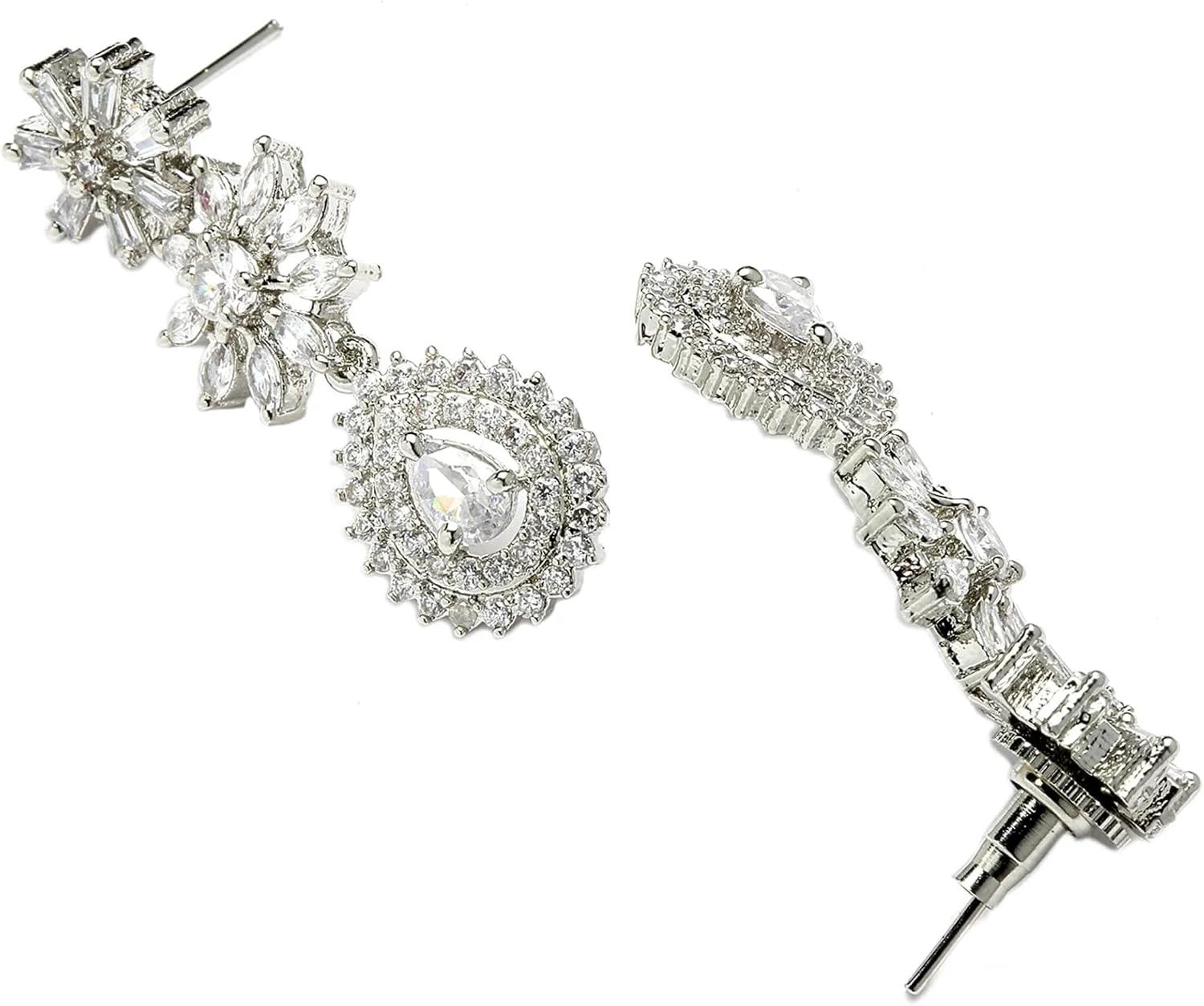 ست جواهرات زنانه با روکش رودیوم و طرح گل نقرهای، نگینکاری شده با الماس آمریکایی سفید ست جواهرات زنانه با روکش رودیوم و طرح گل نقرهای، نگینکاری شده با الماس آمریکایی سفید