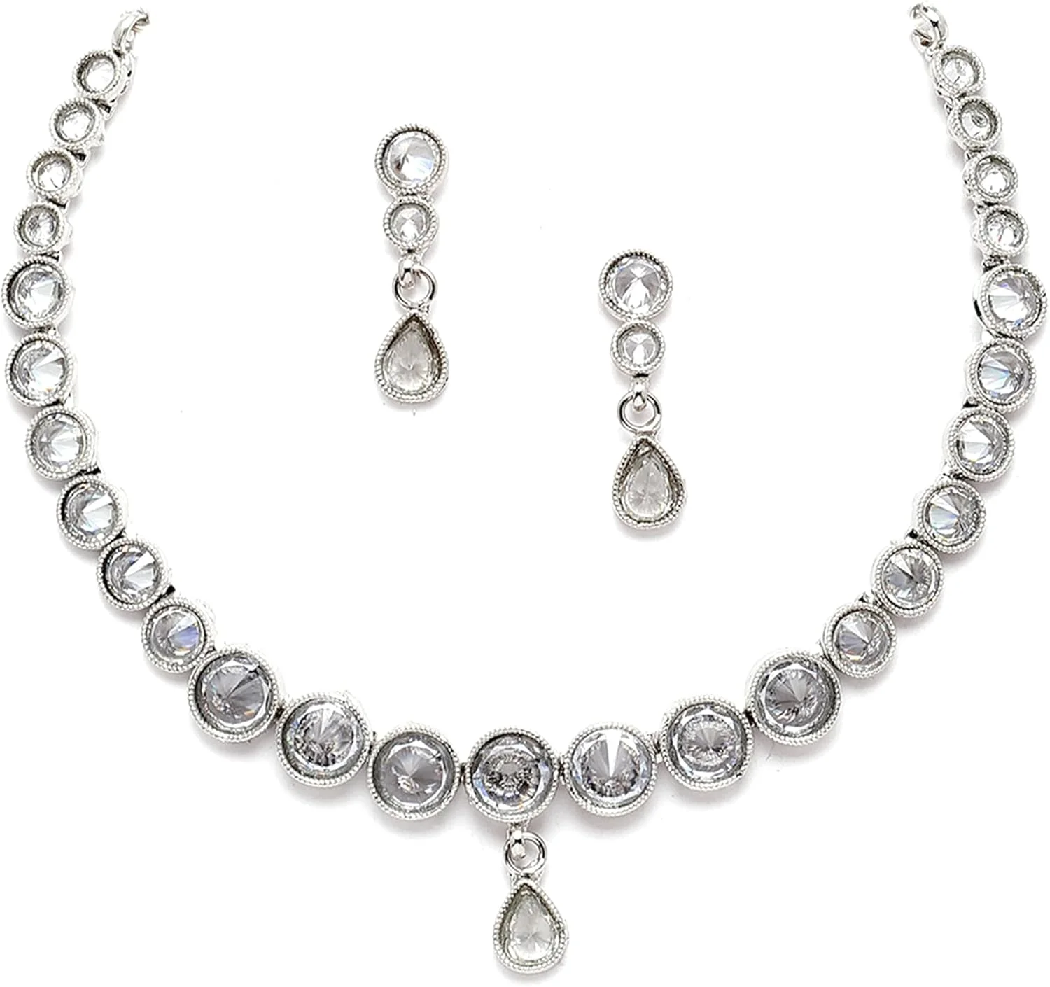 ست گردنبند و گوشواره زنانه زنانه مدل ZENEME با روکش نقره ای اکسید شده، نگین دار و طرح الماس آمریکایی ست گردنبند و گوشواره زنانه زنانه مدل ZENEME با روکش نقره ای اکسید شده، نگین دار و طرح الماس آمریکایی