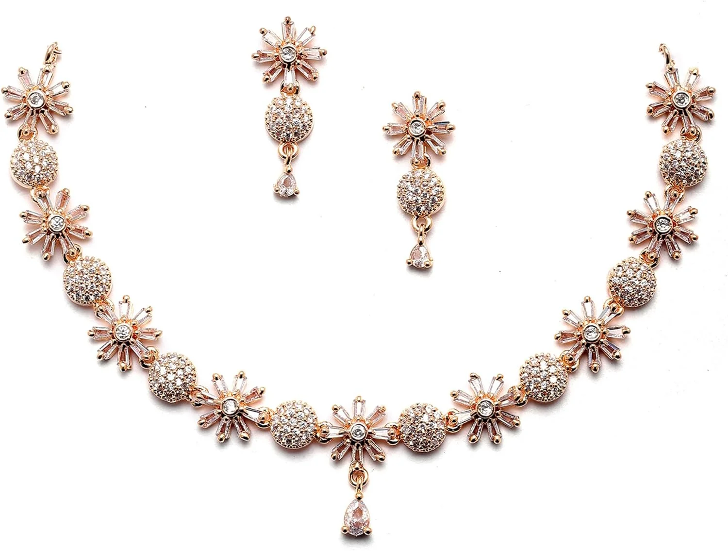 ست گردنبند و گوشواره زنانه طرح گل با نگین های اتمی سفید و روکش رزگلد برند زنمی ست گردنبند و گوشواره زنانه طرح گل با نگین های اتمی سفید و روکش رزگلد برند زنمی